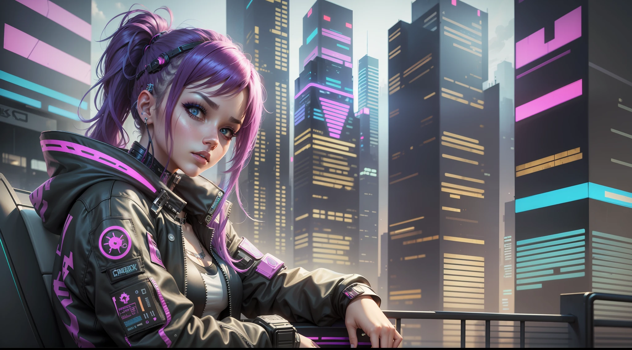 There is a woman style hip hop music sitting in a chair on the balcony of a building in the middle of a city, in a cyberpunk setting, in cyberpunk style, cyberpunk art style, in cyberpunk city, dreamy cyberpunk girl, cyberpunk photo, hyper-realistic cyberpunk style, cyberpunk 2 0 y. the model girl, the cyberpunk apartment, cyberpunk in a cyberpunk city, cyberpunk beautiful girl, cyberpunk ultrarealistic art 8k --auto --s2