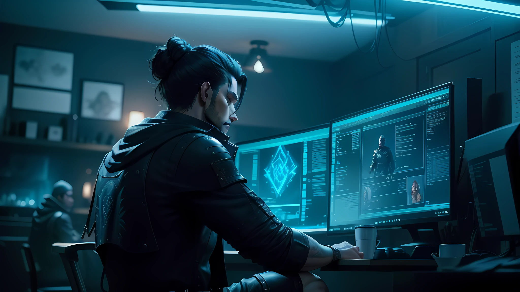 there is a futuristic hacker man posing for an image, beautiful stunning realistic, hyper realistic style, photorealistic art style, cinematic realistic portrait, render 8k portrait, highly detailed realistic face, detailed realistic face, highly detailed character, high quality portrait, realistic 3d character, detailed character portrait, extremely detailed man, unreal engine character art, semi-realistic render,  D & D Character Reveal, 8K RPG, Highly Detailed Epic, New Species, Thicc Build, High-Detail Specialized Concept Art, UHD Character Details, 4K Concept Art and Hyper Realism, 8K Game-Style, Skyrim Mod, 8K Character Details, Specular Highlights --auto --s2