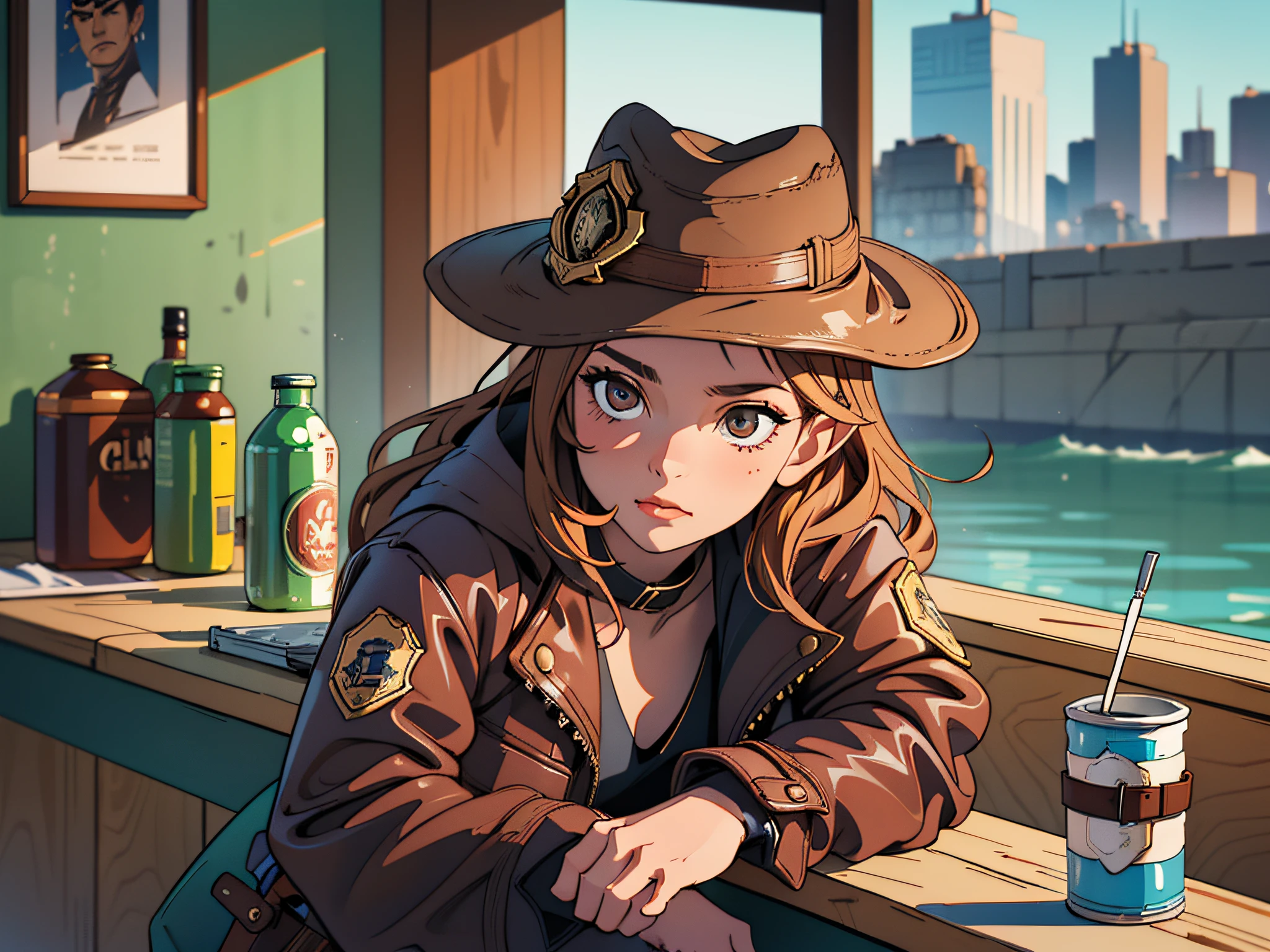 (masterpiece), ((a woman)), wearing a (battered coat), long coat, (brown leather pants), (hat) with one (belt with holster and Colt 45), situated at the police station, she must be seated, with her legs crossed on the table, with her head slightly lowered. Images should be (intricate), (ultra-detailed), in (8K), with quality (HDR) and (UHD).