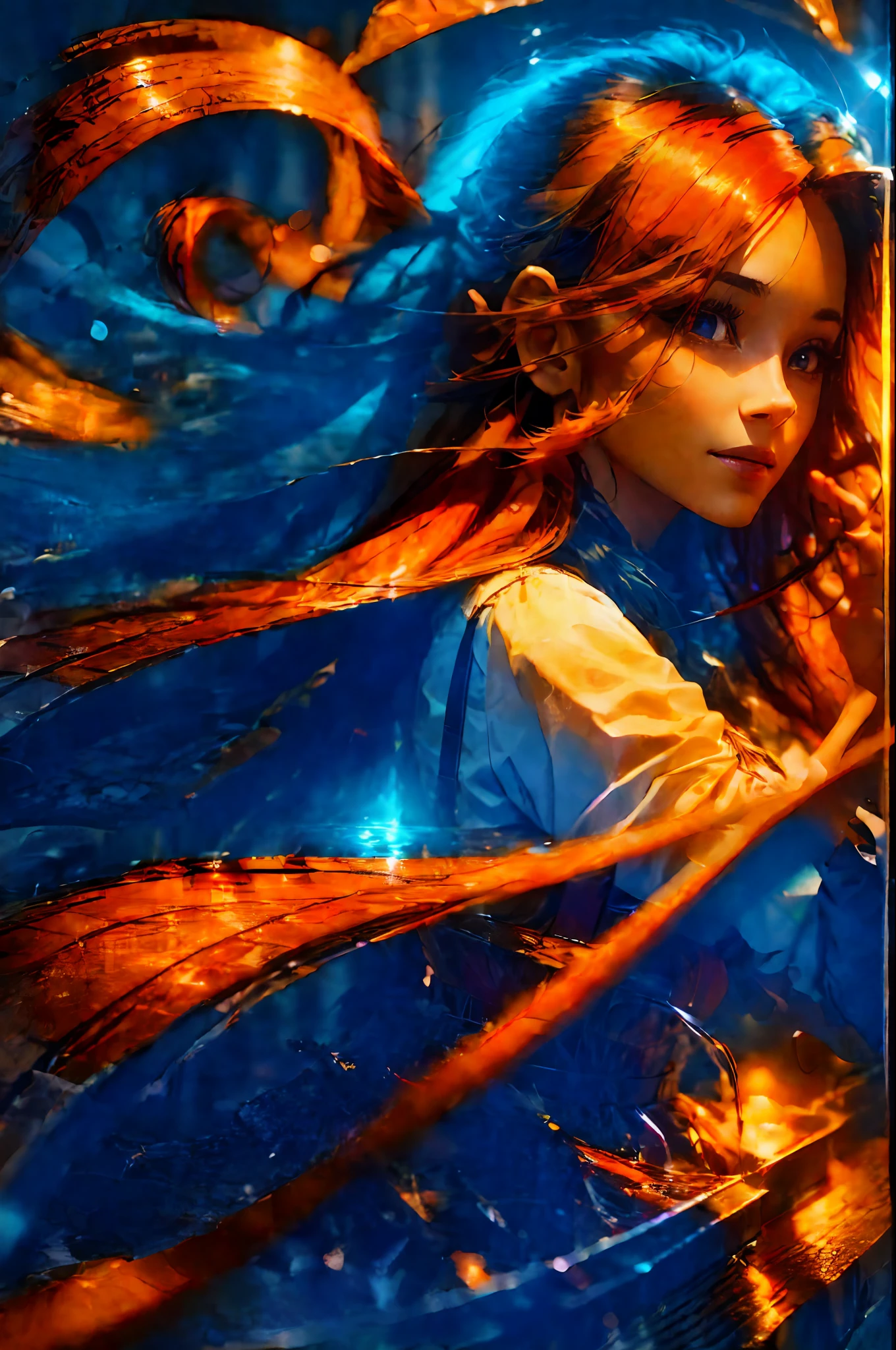 professional award winning photo, Close-up of woman with long hair, fluttering in the wind, orange flowing hair, gorgeous digital painting, gorgeous digital art, beautiful gorgeous digital art, orange glowing hair, glowing flowing hair, beautiful digital painting, glossy digital painting, beautiful digital artwork, flowing glowing hair, beautiful digital art, very beautiful digital art, stunning digital painting, beautiful digital illustration, luminism, closed aperture, light placement art