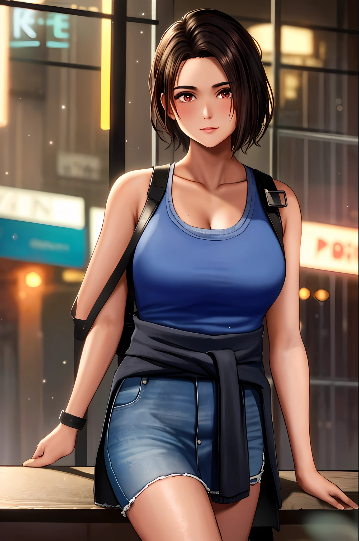 1girl, zotovalentine cowboy shot, black hair, blue tank top, shoulder holster, black skirt, sweater around the waist, athletic, old mansion indoors, city, night, neon, rain, fire escape, volumetric lighting, best quality, masterpiece, intricate details, tonemapping, sharp focus, hyper detailed, trend in Artstation, realistic, 28 years, tanned brunette skin tone