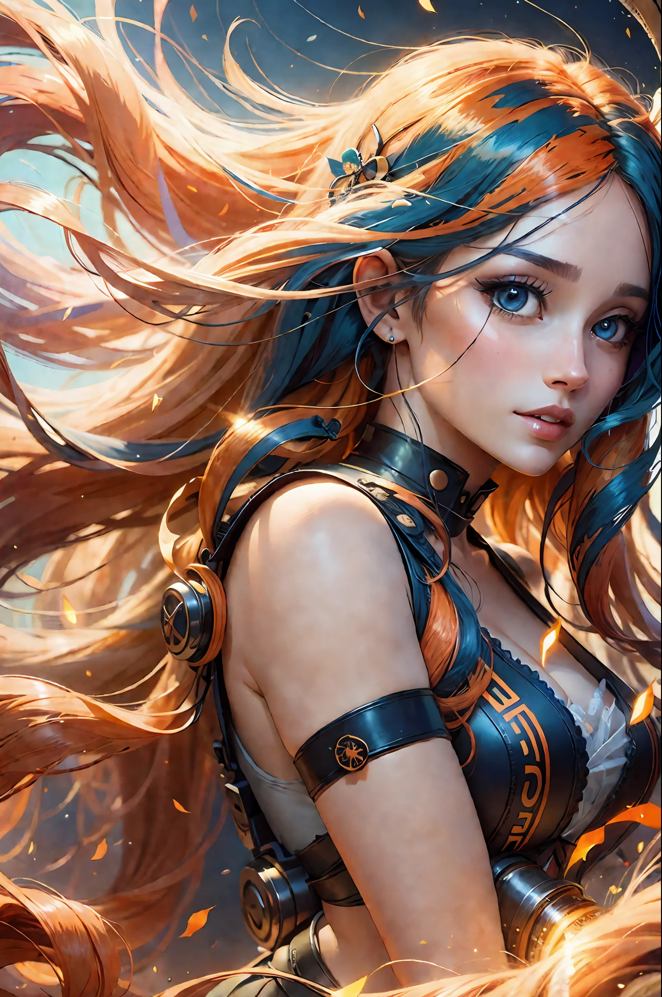 professional award winning photo, Close-up of woman with long hair, fluttering in the wind, orange flowing hair, gorgeous digital painting, gorgeous digital art, beautiful gorgeous digital art, orange glowing hair, glowing flowing hair, beautiful digital painting, glossy digital painting, beautiful digital artwork, flowing glowing hair, beautiful digital art, very beautiful digital art, stunning digital painting, beautiful digital illustration, luminism, closed aperture, light placement art