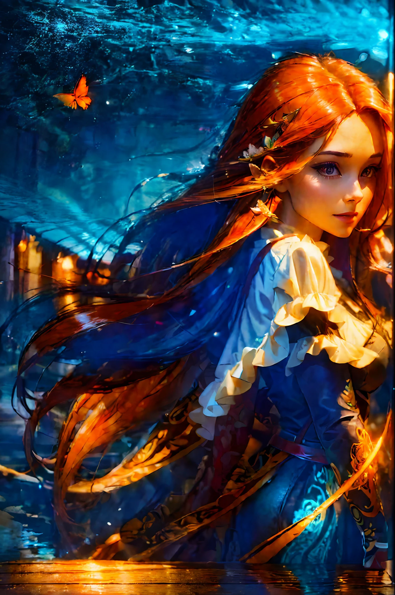 professional award winning photo, Close-up of woman with long hair, fluttering in the wind, orange flowing hair, gorgeous digital painting, gorgeous digital art, beautiful gorgeous digital art, orange glowing hair, glowing flowing hair, beautiful digital painting, glossy digital painting, beautiful digital artwork, flowing glowing hair, beautiful digital art, very beautiful digital art, stunning digital painting, beautiful digital illustration, luminism, closed aperture, light placement art