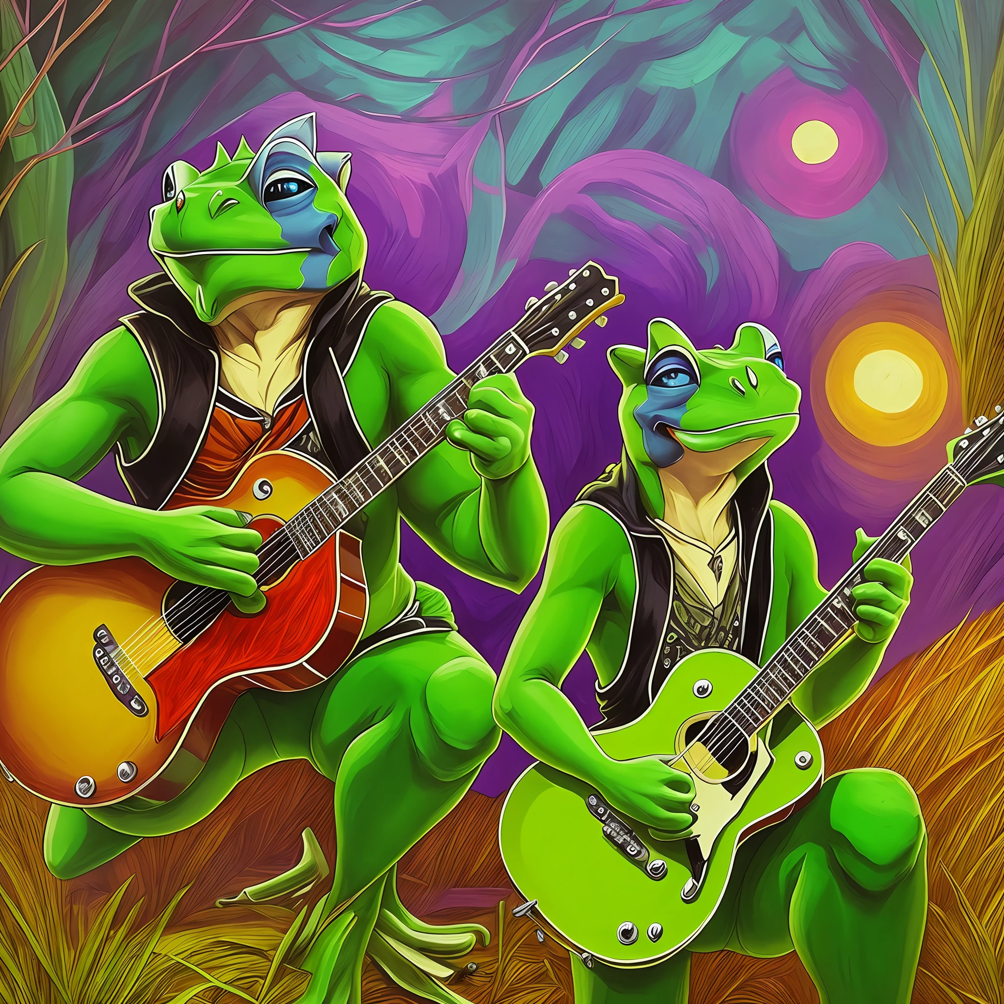 One frog playing guitar, another frog singing, another frog on drums in the background --auto --s2