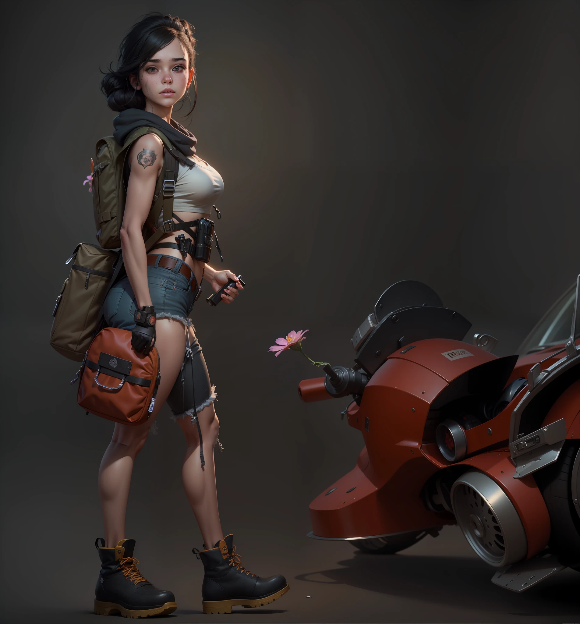 a cartoon girl with a backpack and a flower in her hand, marmoset toolbag render, airbrush render, detailed full body concept, high res render, full body render, 3 d render stylized, post - apocalyptic cowgirl, marmoset toolbag rendered, full body concept, full body potrait holding bottle, deviantart artstation cgscosiety, Masterpiece, best quality, ultra detailed, A stunningly realistic 18-year-old portrayed in a masterpiece of ultra-detailed artwork, with the best quality and SFW imagery. --auto --s2