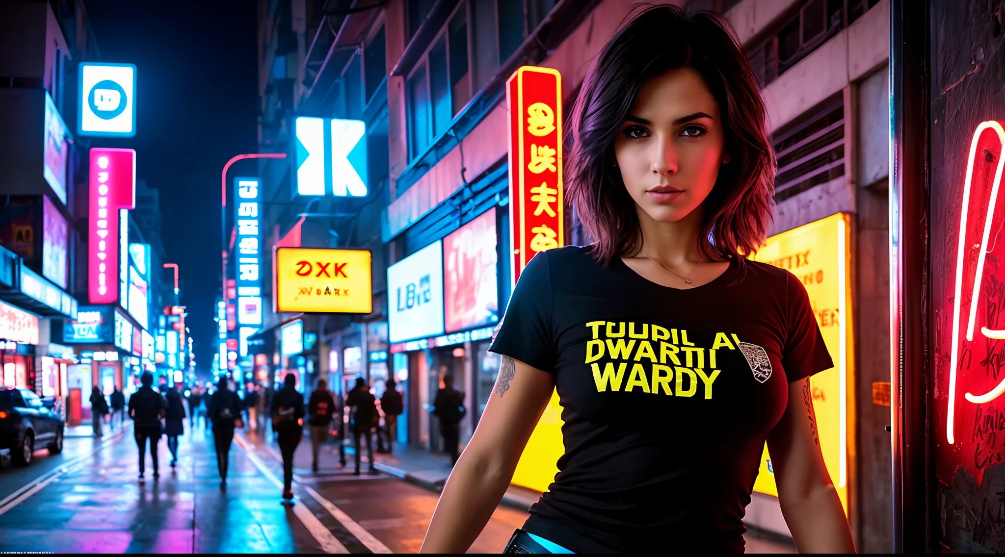 award-winning photo from the waist up, a sexy brunette woman, modelshoot style, (extremely detailed CG 8k wallpaper unit), photo of the world's most beautiful art, professional majestic (Steve McCurry photography), 8k uhd, dslr, soft lighting, high quality, film grain, Fujifilm XT3 sharp focus, f 5.6, high detail, sharp focus, dramatic, (wearing a punk t-shirt),  (looking at the viewer:1.2), (detailed students:1.3), (night light), (close-up:1.2), (seductive), (Cyberpunk environment), ((neon))