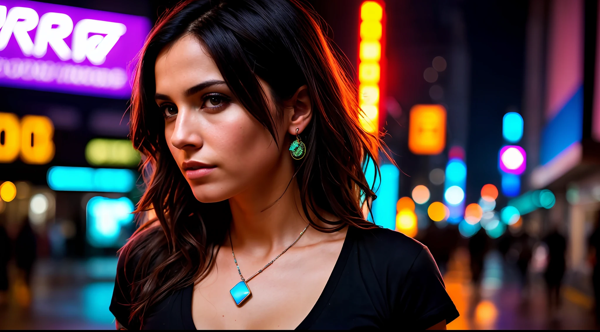 award-winning photo from the waist up, a sexy brunette woman, modelshoot style, (extremely detailed CG 8k wallpaper unit), photo of the world's most beautiful art, professional majestic (Steve McCurry photography), 8k uhd, dslr, soft lighting, high quality, film grain, Fujifilm XT3 sharp focus, f 5.6, high detail, sharp focus, dramatic, (wearing a punk t-shirt), (looking at the viewer:1.2), (detailed students:1.3), (night light), (close-up:1.2), (seductive), (Cyberpunk environment), ((neon))