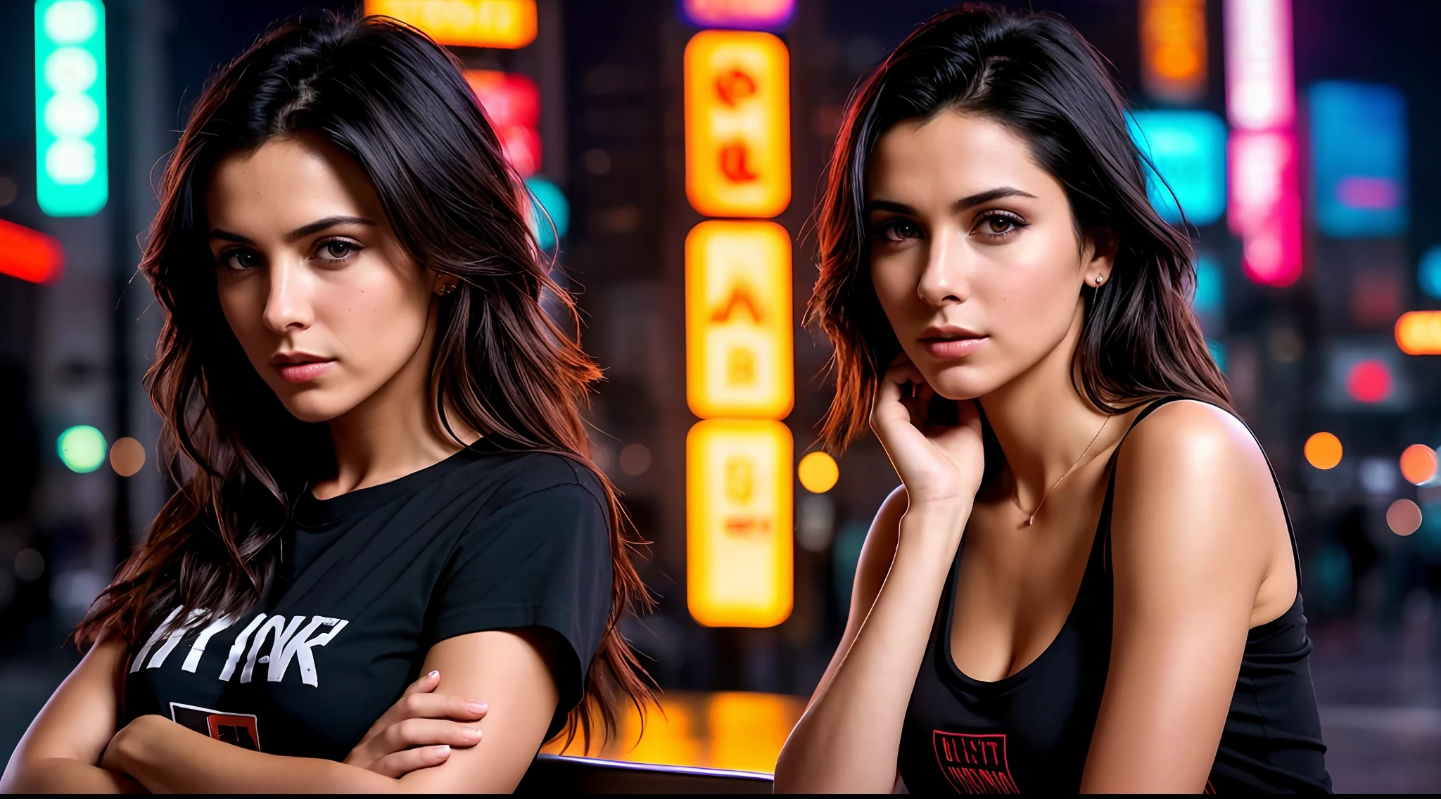 award-winning photo from the waist up, a sexy brunette woman, modelshoot style, (extremely detailed CG 8k wallpaper unit), photo of the world's most beautiful art, professional majestic (Steve McCurry photography), 8k uhd, dslr, soft lighting, high quality, film grain, Fujifilm XT3 sharp focus, f 5.6, high detail, sharp focus, dramatic, (wearing a punk t-shirt), (looking at the viewer:1.2), (detailed students:1.3), (night light), (close-up:1.2), (seductive), (Cyberpunk environment), ((neon))
