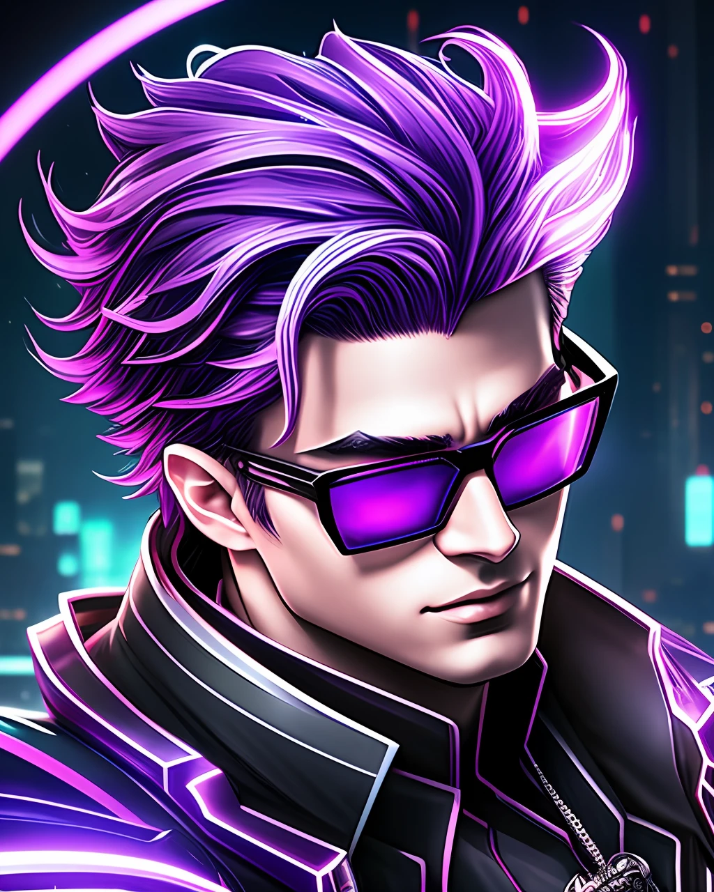 In the neon-lit expanse of CyberHaven, a sprawling metropolis that pulses with technological wonders and shadows that never sleep, resides a vampire boy named Asher. At the tender age of 18, he embodies the enigmatic fusion of ancient darkness and futuristic aesthetics. Explore the intricately detailed world of Asher: Hair: Asher's hair is a vibrant tapestry of black, white, and shades of purple, an artistic homage to the ever-evolving cyberpunk aesthetic. These electrifying colors intertwine, reflecting the neon lights that bathe the city's streets. His hair is styled in a dynamic fashion, a blend of sleek and spiked elements, echoing the fusion of tradition and futurism. Glasses: Adorning his face, Asher's glasses embody cutting-edge technology with a touch of retro charm. The frames are sleek and silver, intricately designed with embedded microcircuitry that enhances his vision in the augmented reality of CyberHaven. The lenses possess a subtle holographic shimmer, providing him with an overlay of data and information within his field of view. Eyes: Beneath the tinted lenses of his glasses, Asher's eyes glimmer with an ethereal glow, a vibrant shade of amethyst that seems to radiate with electric energy. They hold an intensity that reflects his profound connection to the nocturnal world and his unyielding thirst for both knowledge and the life essence that sustains him. Cybernetic Enhancements: Within the cyberpunk realm, Asher has embraced technological augmentations that coexist with his vampiric nature. Tracing along his arms and neck, faintly glowing circuitry tattoos blend seamlessly with his skin, enhancing his reflexes and senses. These enhancements are a testament to his ability to adapt and thrive in the ever, highly detailed face, highly detailed eyes,potrait --auto --s2