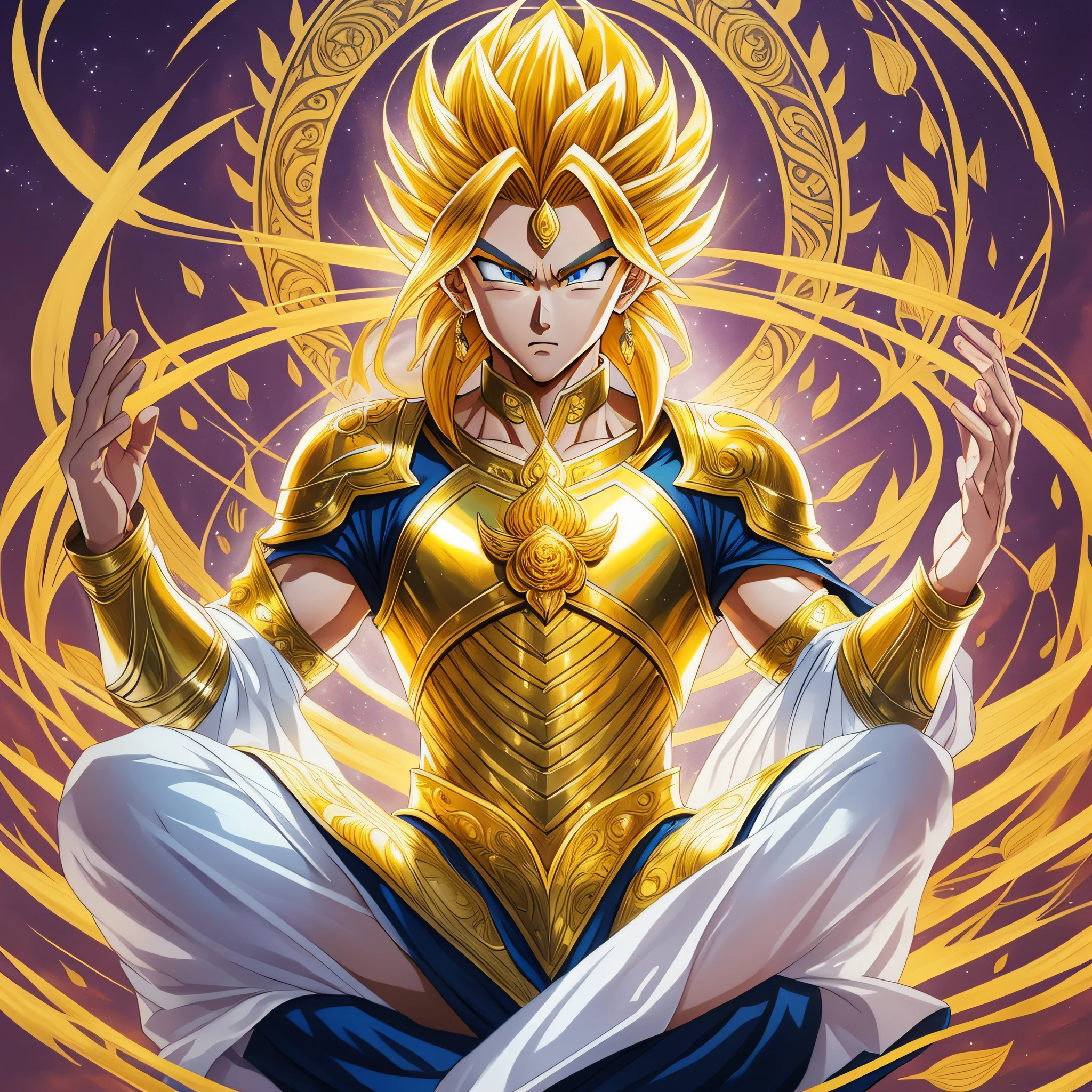 Art image of Golden Knight Shaka of Virgo meditating on top of a lotus flower, with features similar to the Dragon Ball anime. Be sure to capture every detail of the character's armor, as well as their overall appearance, which should be true to the Knights of the Zodiac anime. Add the long, yellow hair, which should be in motion and with a high level of detail, and make it look in harmony with the traits of the Dragon Ball anime. For the lotus flower, create a detailed and realistic design that captures its beauty and delicacy. Finally, add a touch of lighting and shading to give depth and dimension to the drawing. Combining all these elements, create a unique and impressive art image that honors the personality and appearance of the Golden Knight Shaka of Virgo --auto --s2