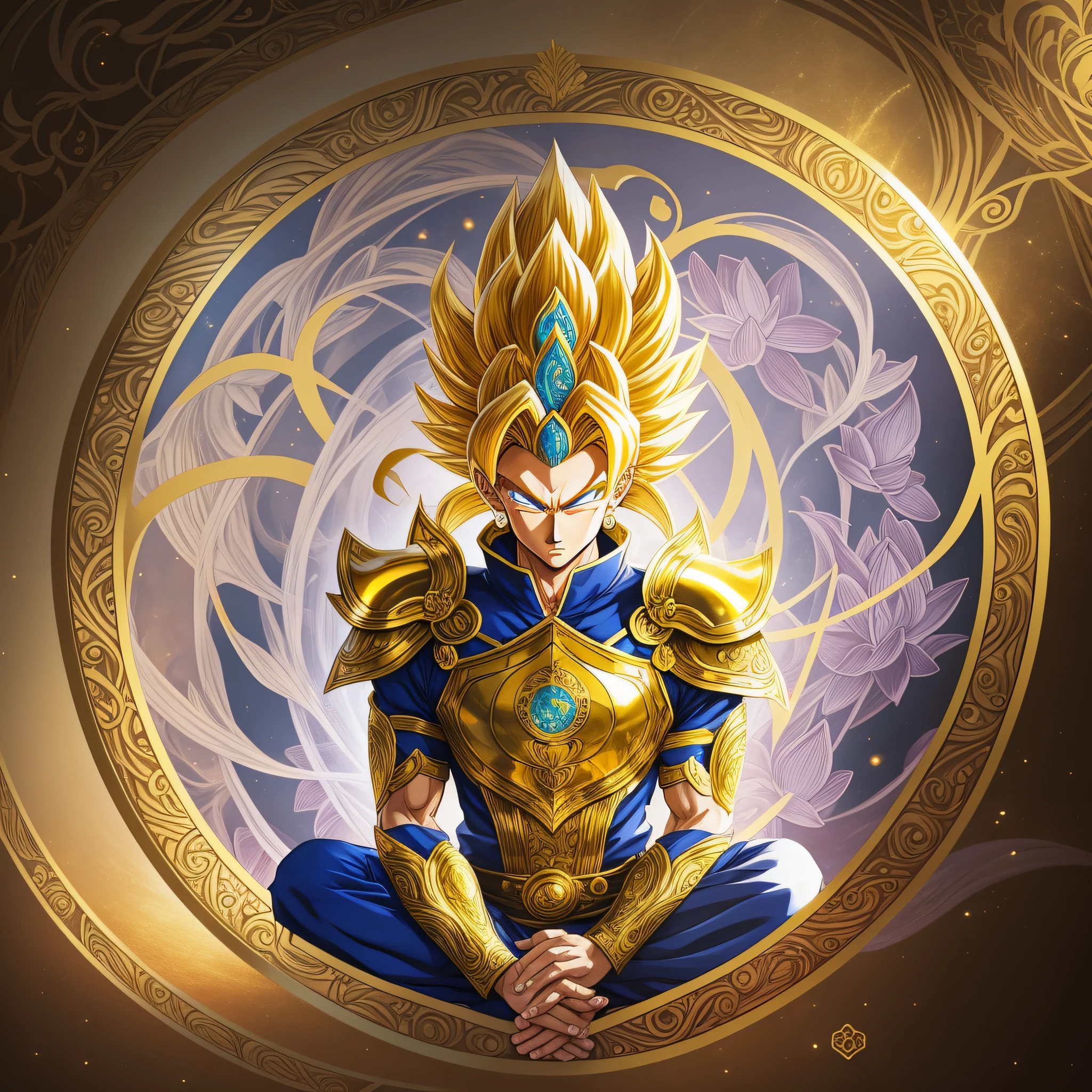 Art image of Golden Knight Shaka of Virgo meditating on top of a lotus flower, with features similar to the Dragon Ball anime. Be sure to capture every detail of the character's armor, as well as their overall appearance, which should be true to the Knights of the Zodiac anime. Add the long, yellow hair, which should be in motion and with a high level of detail, and make it look in harmony with the traits of the Dragon Ball anime. For the lotus flower, create a detailed and realistic design that captures its beauty and delicacy. Finally, add a touch of lighting and shading to give depth and dimension to the drawing. Combining all these elements, create a unique and impressive art image that honors the personality and appearance of the Golden Knight Shaka of Virgo --auto --s2