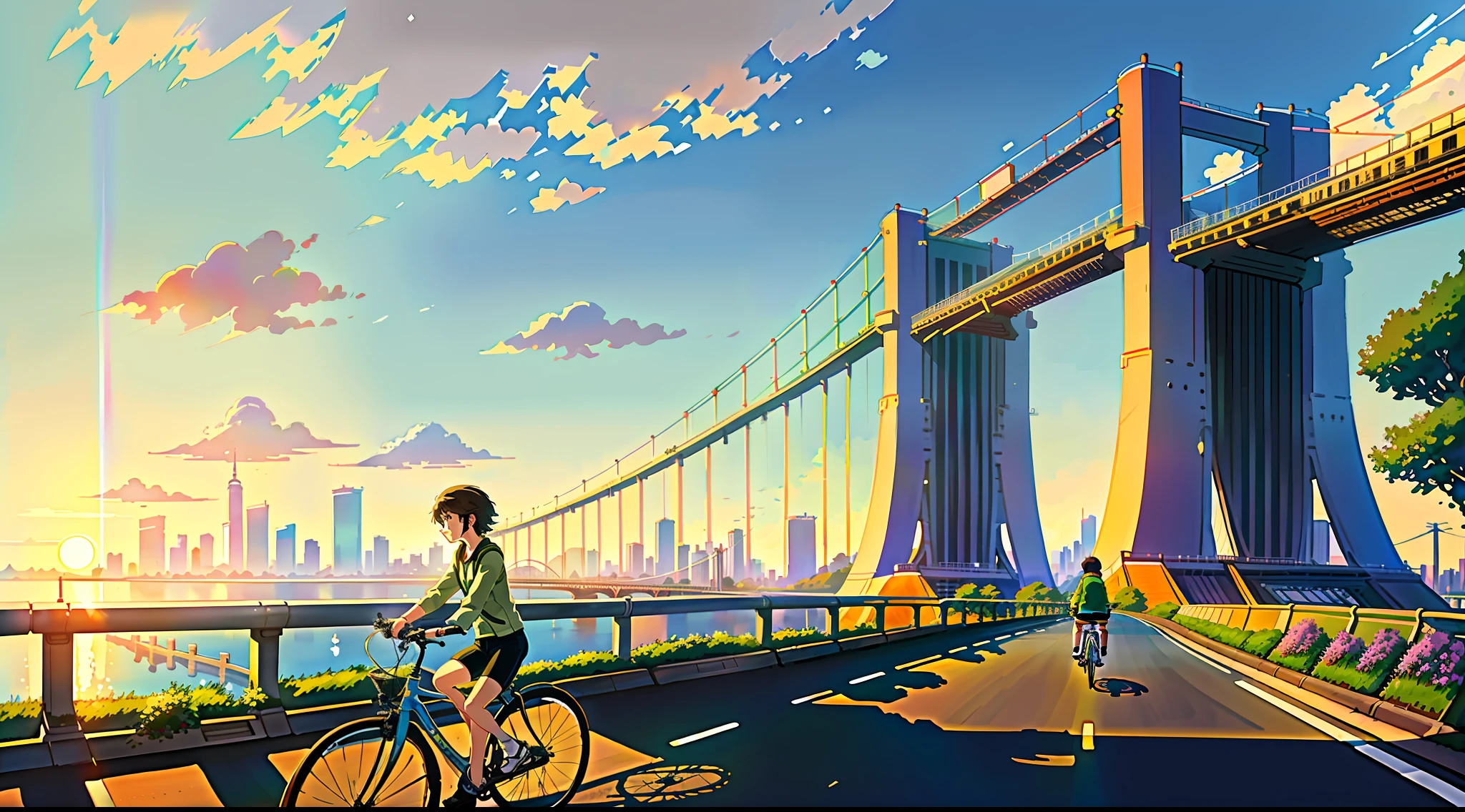 (bike: 1.5), (realistic bike: 1.5), (realistic cyclist: 1.5), tokyo, rainbow bridge, urban architecture, japan, sunset, landscape background, shadows, contrast, makoto shinkai (best quality: 1.3), (Highres:1) Art by Studio Ghibli Style, Impressionism, Solitude
