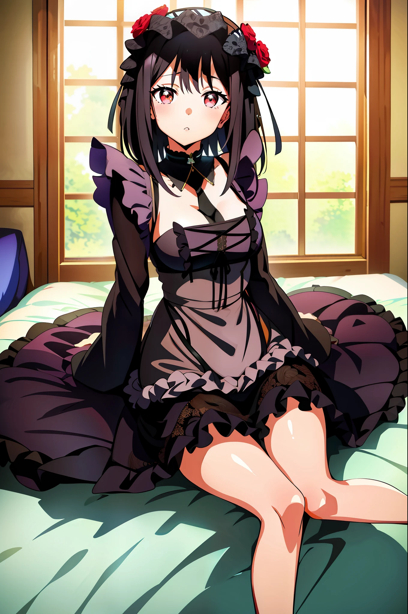 Kuroe Shizuku, 
masterpiece, best quality, highly detailed, Marin Kitagawa, sitting on the bed,