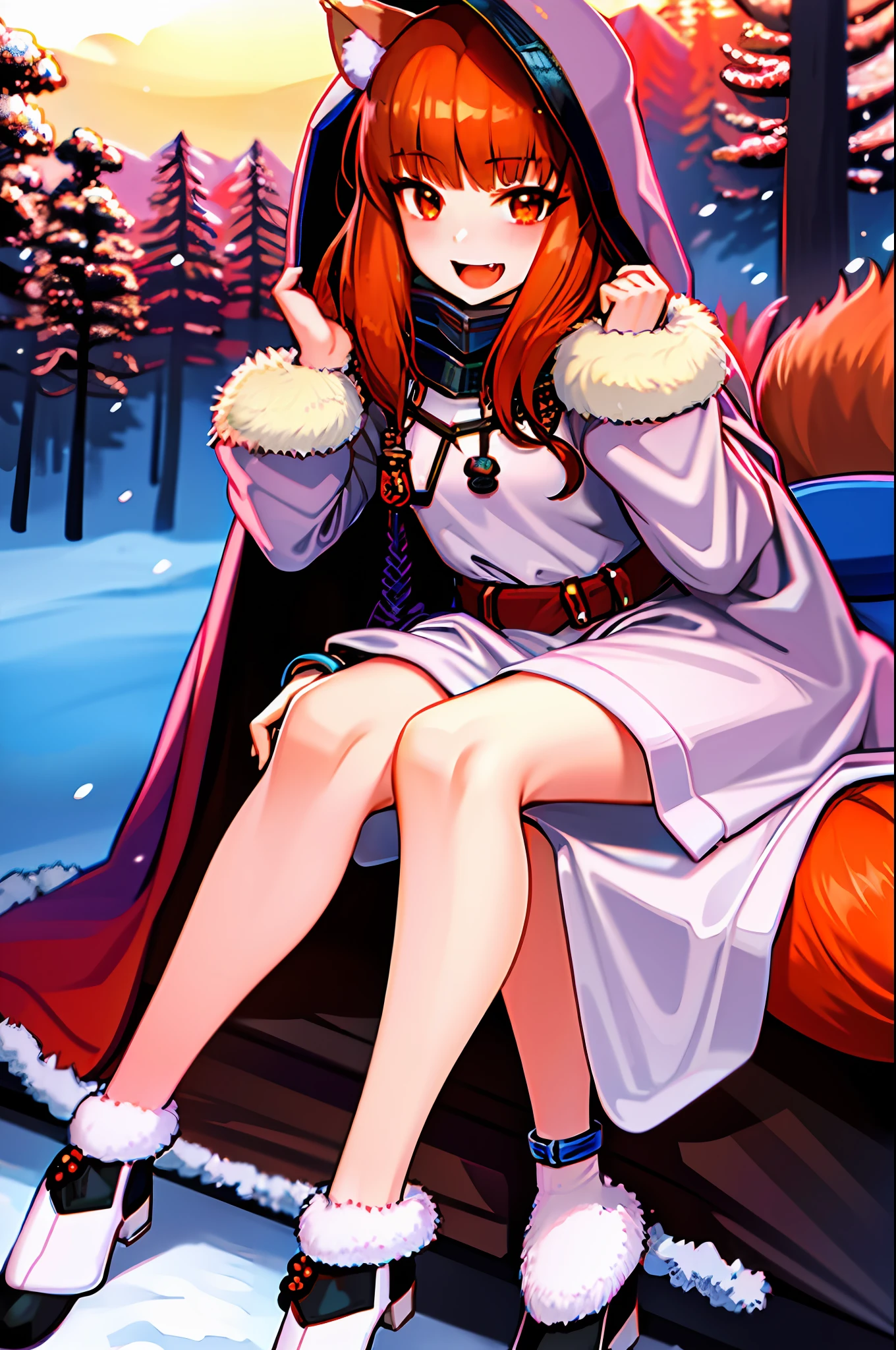 (holo:1.5), (holoCoat:1.5), masterpiece, best quality, absurdres, 1girl, looking at viewer, standing, upper body, leaning forward, outdoors, forest, snow, fur-trimmed jacket, pouch, sash, open mouth, fang, smile