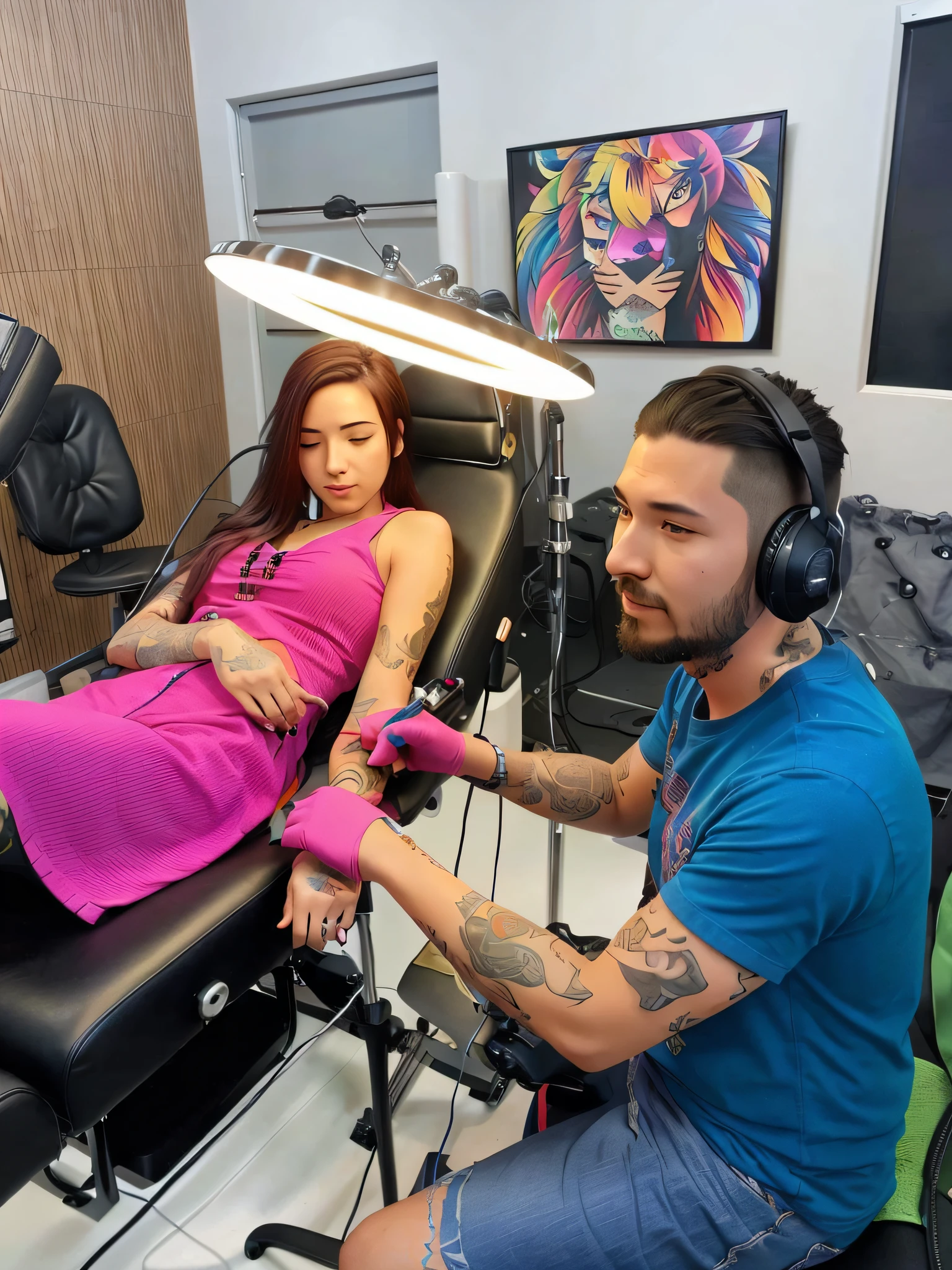 Woman being tattooed by a tattoo artist, super technological, anime style, ultra realistic style. anime, manga, technology