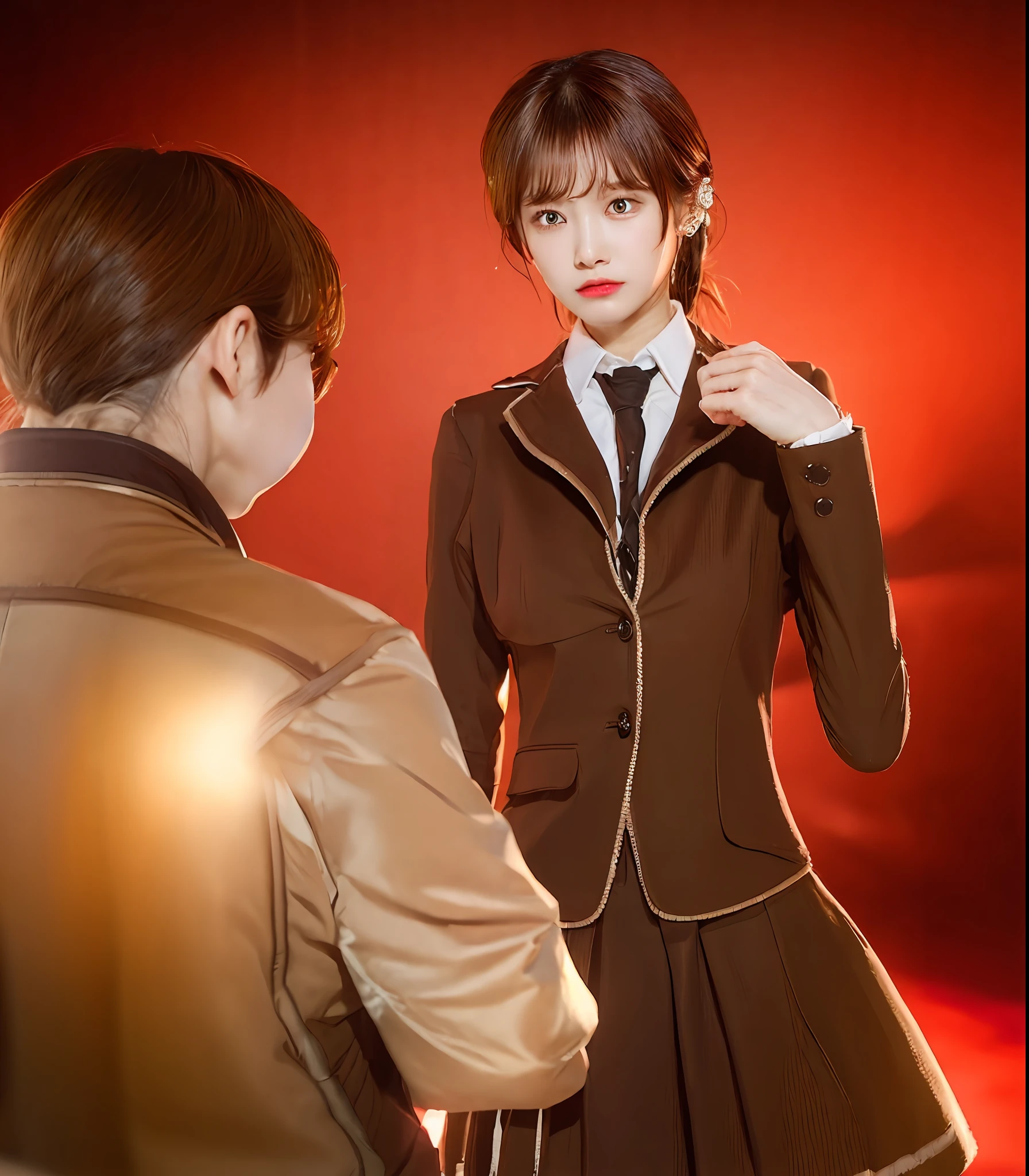 Angry look, light brown hair