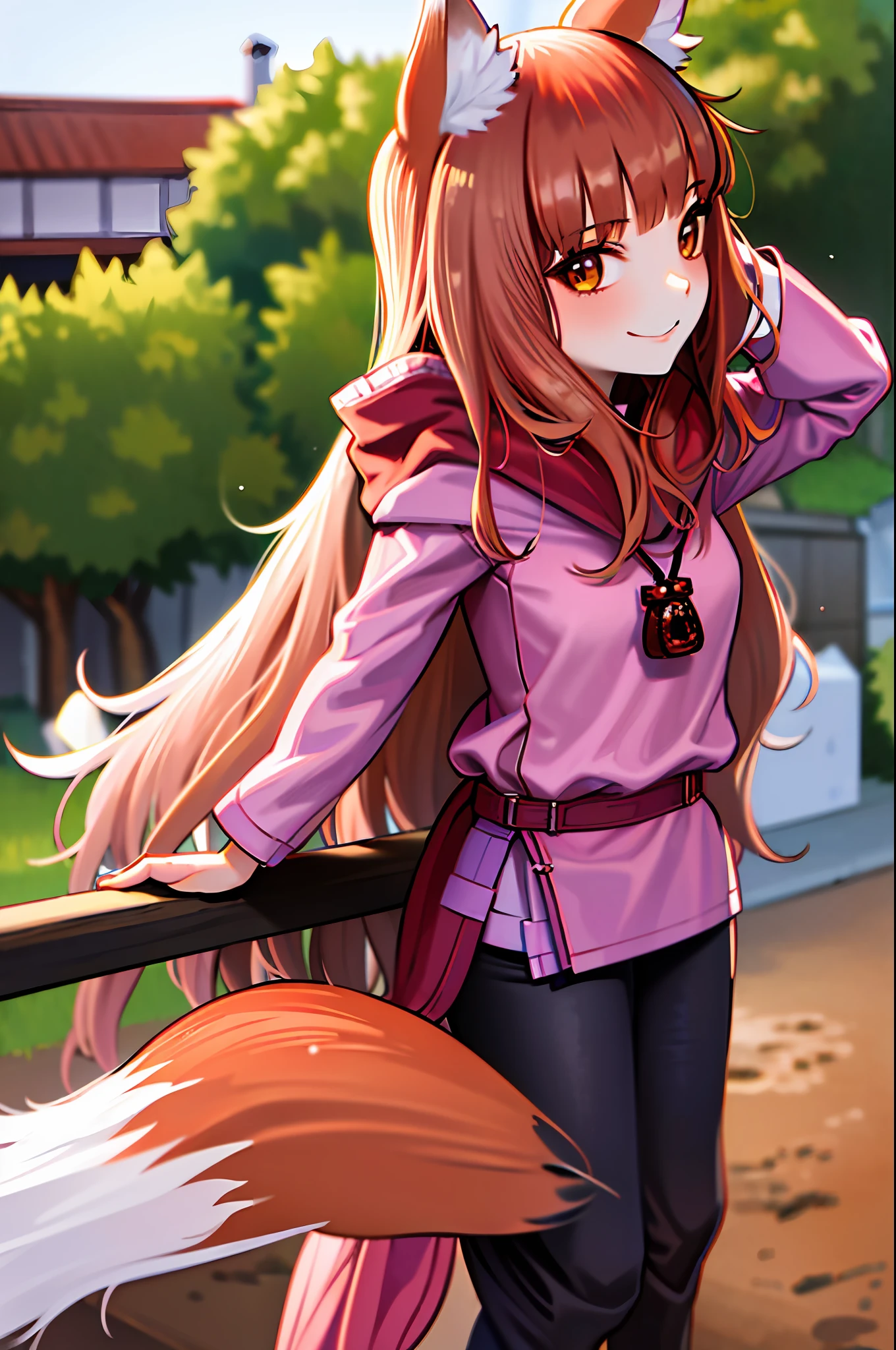 (holo:1.5), (holoCoat:1.5), (holoPinkShirt:1.5), masterpiece, best quality, absurdres, 1girl, looking at viewer, standing, cowboy shot, outdoors, medieval, cobblestone street, town, hands on hips, pouch, sash, black pants, smile