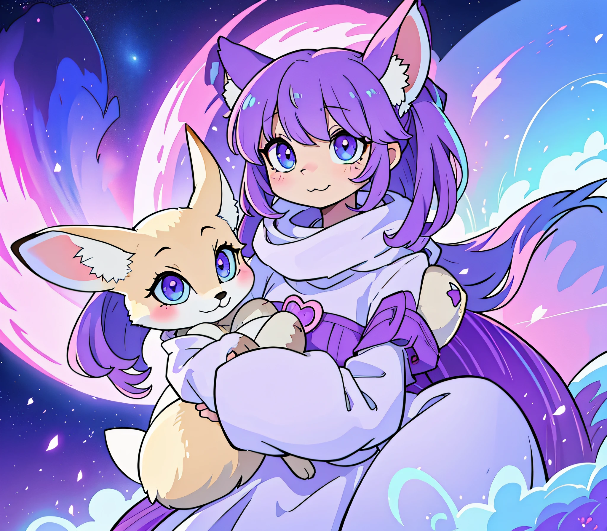 fennec fox, looking adorable, large blue eyes, super fluffy fur, big fennec ears, a purple aurora all around them and radiating out, masterpiece, best quality, ((In Kawaii style))