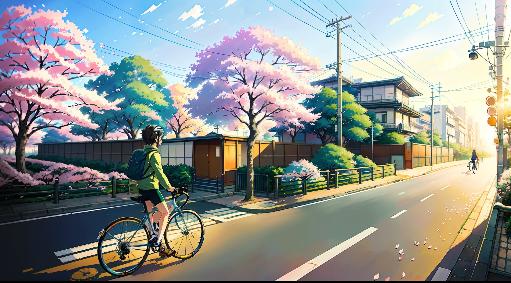 (bike: 1.5), (realistic bike: 1.5), (realistic cyclist: 1.5), tokyo, cherry blossoms, streets, urban architecture, japan, sunset, landscape background, shadows, contrast, makoto shinkai (best quality: 1.3), (Highres:1) Art by Studio Ghibli Style, Impressionism, Solitude