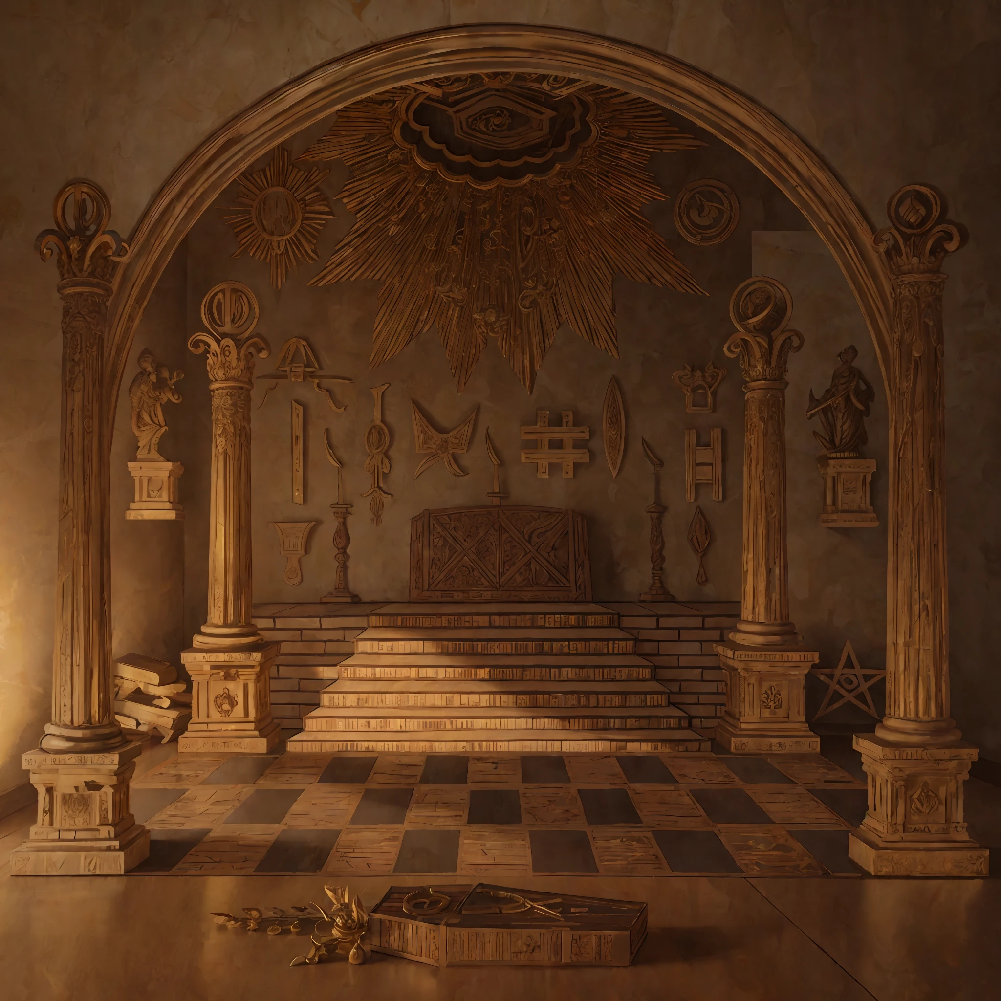 Masonery temple with 4 columns, high quality (detailed) (intricate) (8k) (HDR) (wallpaper) (cinematic lighting) (sharp focus)