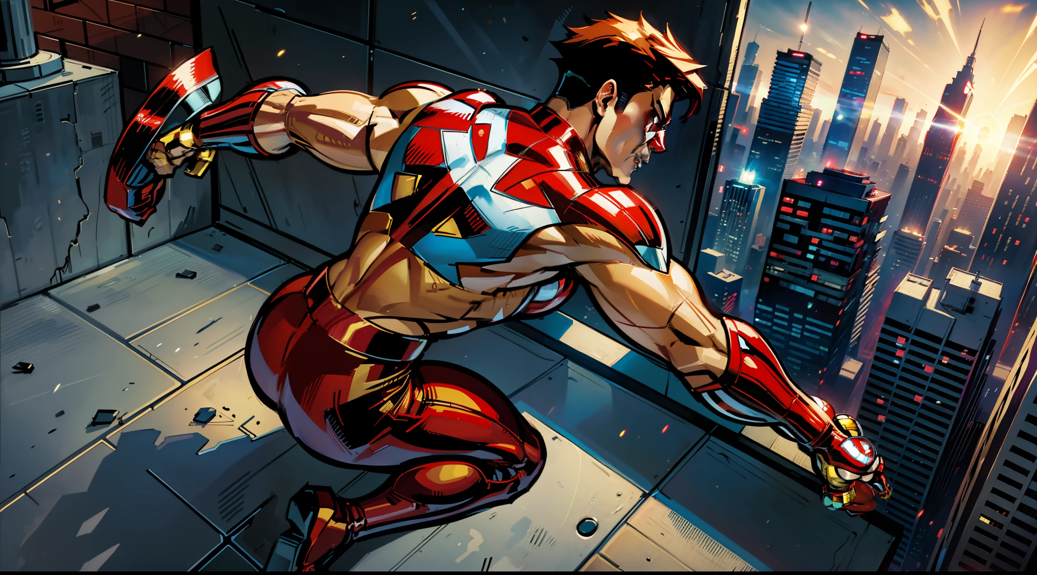 Man, SUper hero, dressed in red and white superhero costume, wearing a red and white ninja mask, Golden details on his costume, seen from the back, on top of a building, looking at a modern city as background, by stan lee, by Jim Lee, By Joe Bennet, comic book style, modern comic book style.