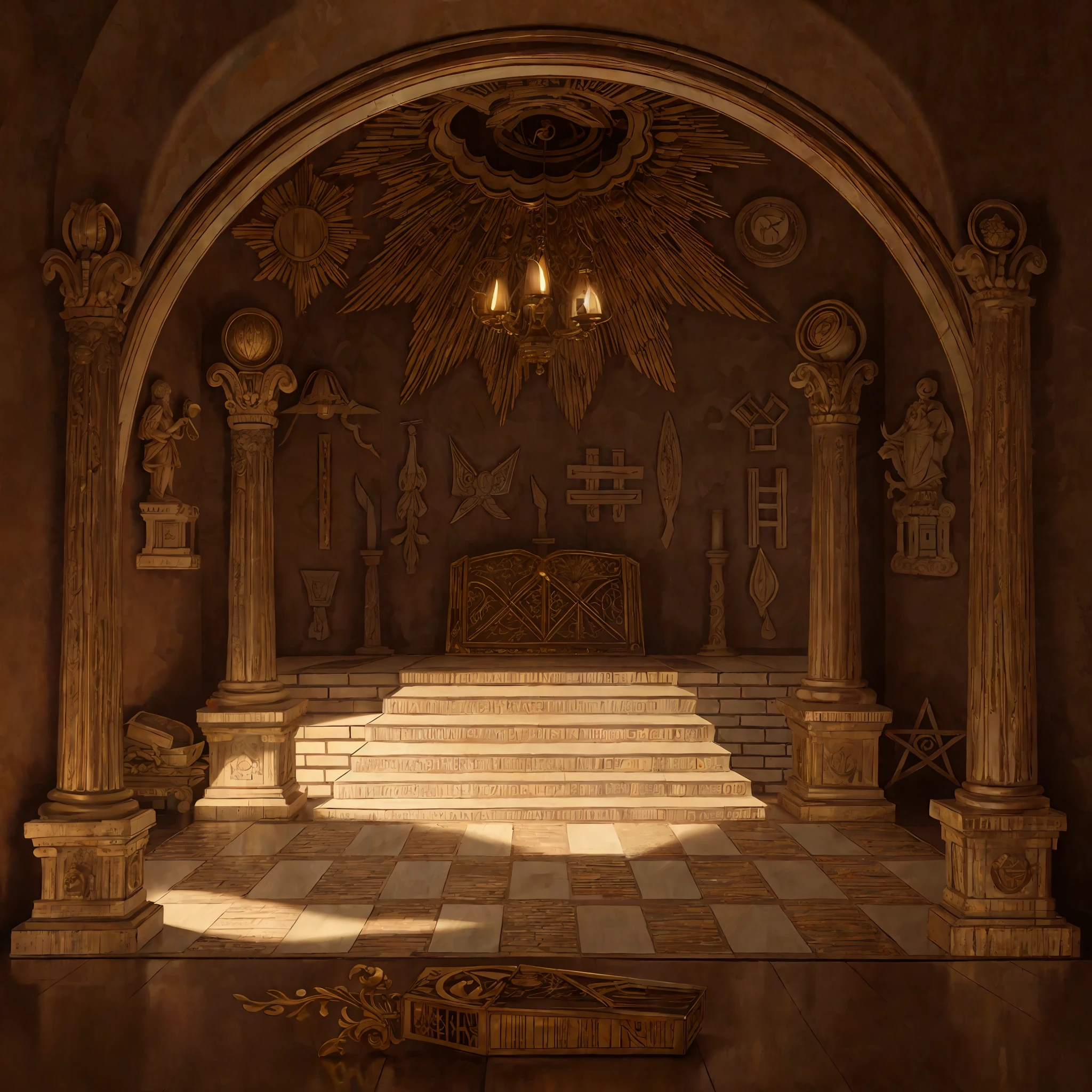 Masonery temple with 4 columns, high quality (detailed) (intricate) (8k) (HDR) (wallpaper) (cinematic lighting) (sharp focus)