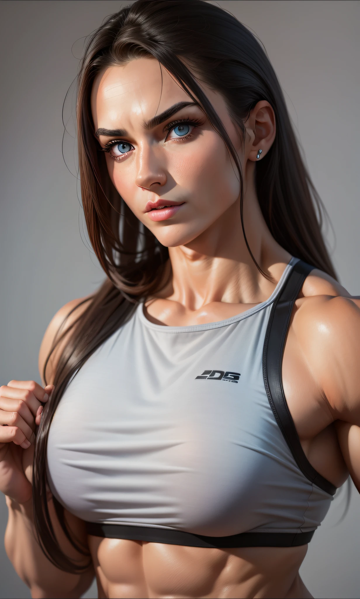 a very good looking female bodybuilder, her eyes and face locked in camera lens, short image, ultra sharp, 8k, super high resolution, NVIDEA --auto --s2