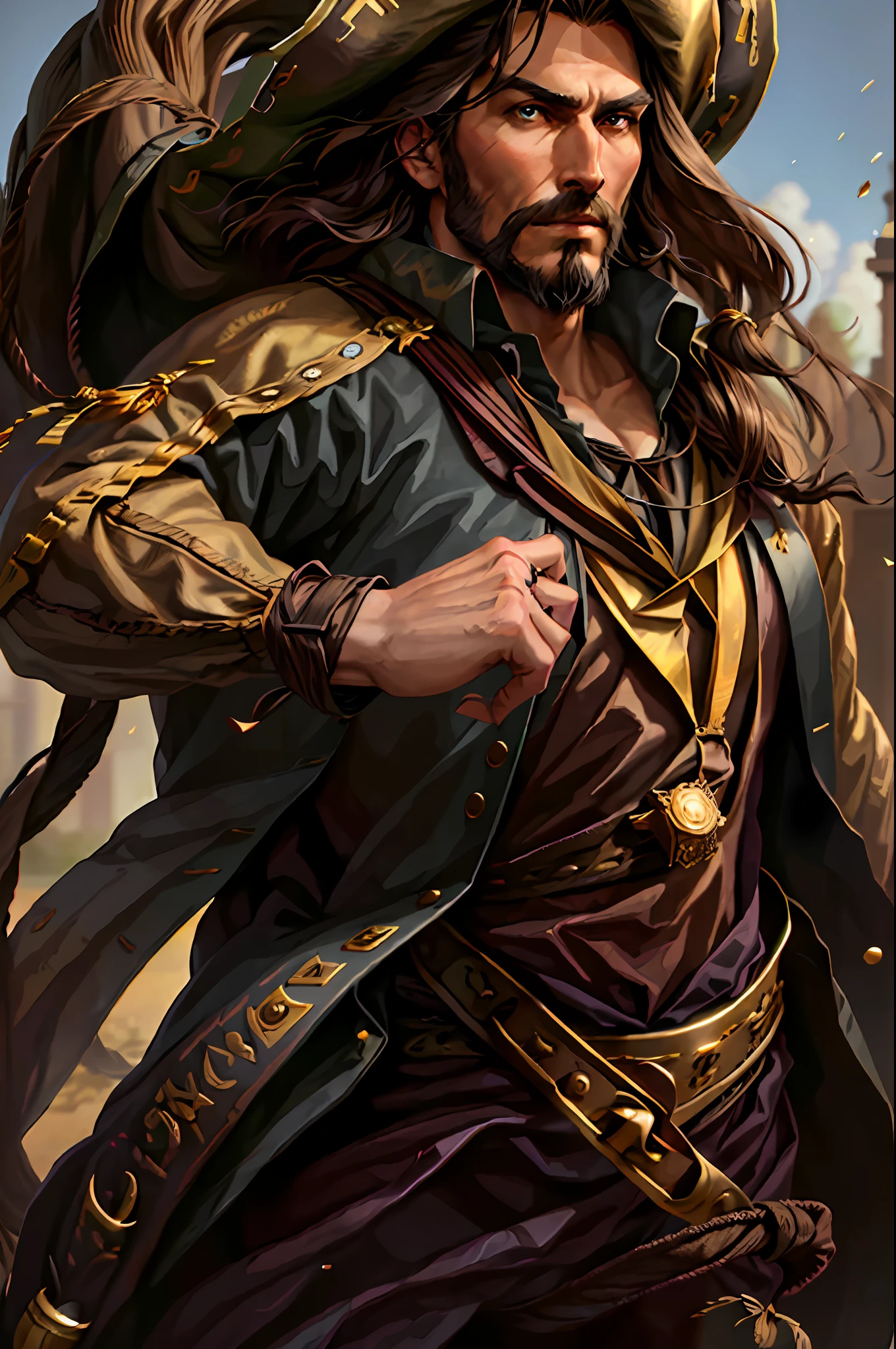 Man, American, long brown hair, pirate, dark beard, brunette, tall and relatively strong, a little old, gold cords and rings.