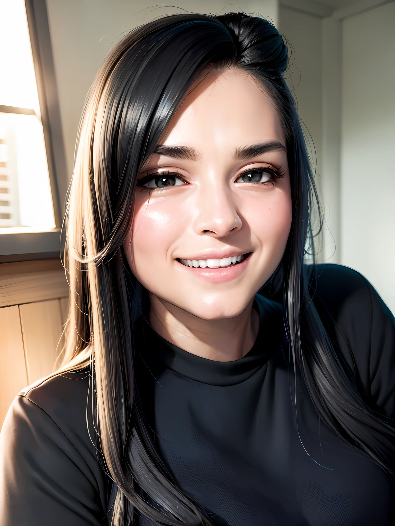 Beautiful smiling woman with black shirt and long hair, black, 4k, realistic, black eyes, 40 years old