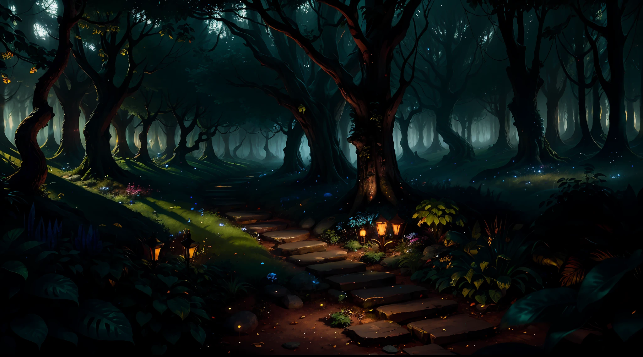 Masterpiece, best quality, (very detailed CG unified 8k wallpaper), dynamic lighting, (charming dark forest night elves), poorly lit forest, meadow, bathed in dark and ethereal light, highlighting every intricate detail, adding dreamy quality to the scene, mysterious times, dreamy details, rainy weather, mysterious, warm and friendly atmosphere, atmospheric dust, underground scattering, light tracing, depth of field, Bokeh, Vivid Colors, Cinema-like hard lighting, Realistic shadows, Beautiful bright details, Film, Octane rendering, Light tracing, Concept art, Reality, Unreal Engine 5, landscape that reflects financial abundance