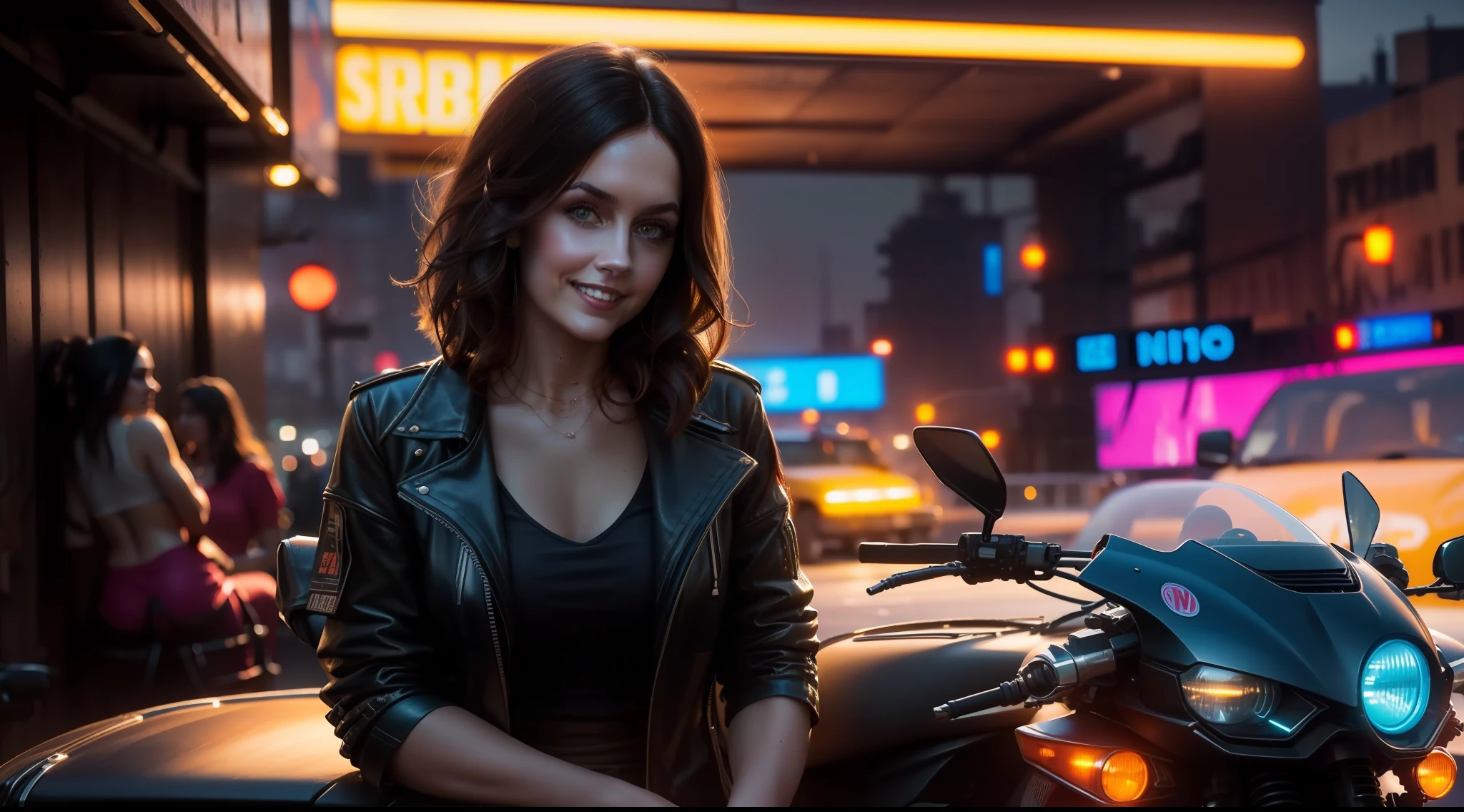 award-winning photo from the waist up, brunette woman, (looking at the viewer), (smiling: 1.1), (skindentation), (((cyberpunk environment)), night, neon, road, motor vehicle, standing, looking at the viewer, referenced photo, best quality, ultra high res, (photorealistic: 1.4), (detailed face and eyes),