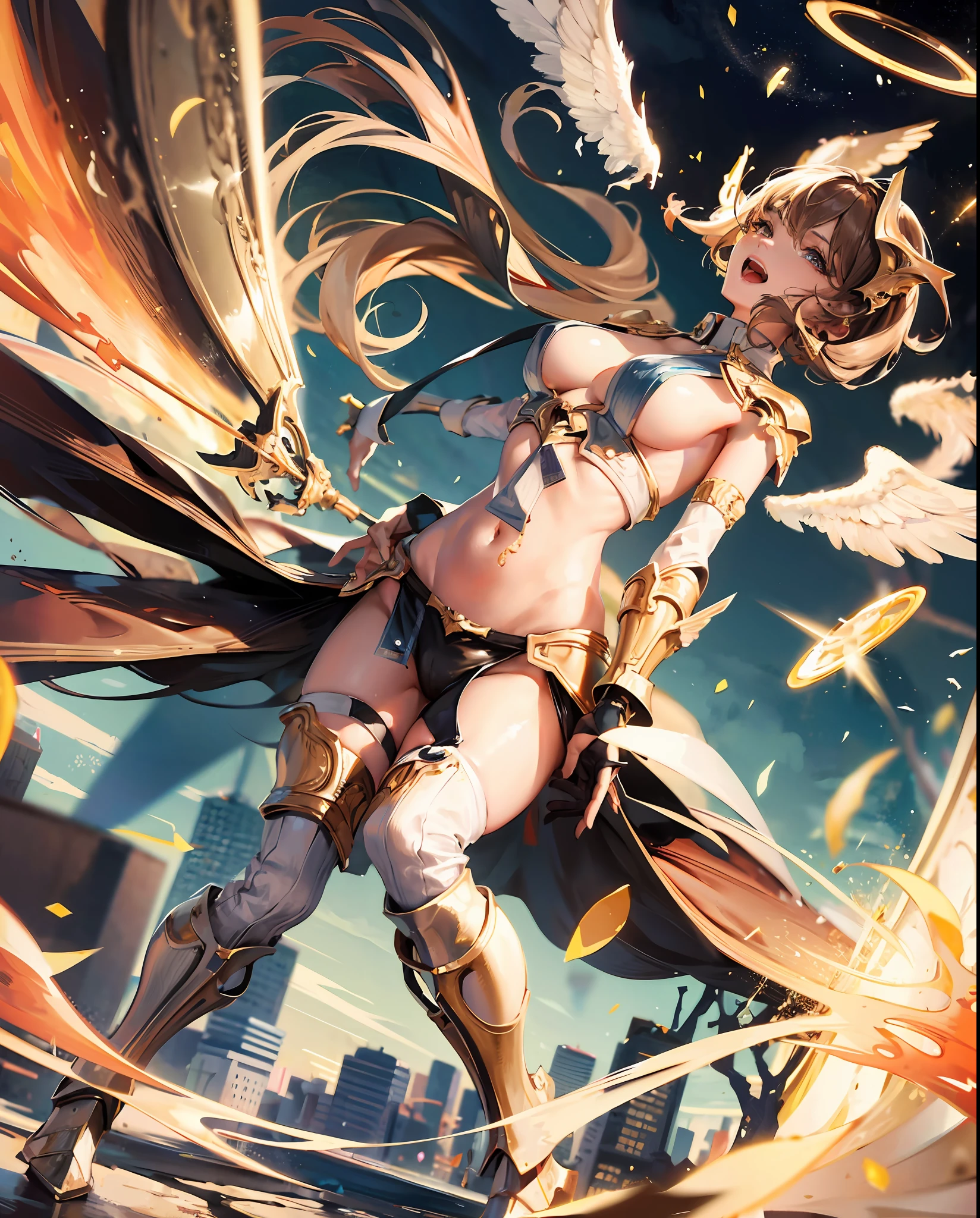 fantasy, 1angel_girl,child, ,brown_hair, medium_bob_hair, long_bangs, halo,bare_shoulder,thighhighs,silver_armor, waist_armor, large_breasts,angry,grinning,open_mouth_teeth, 1pair_wings, dynamic_pose_fighting,floating, bare_crotch, headgear,gauntlet, greaves,city_sky_background,slightly_spread_legs, solo, groin_naked