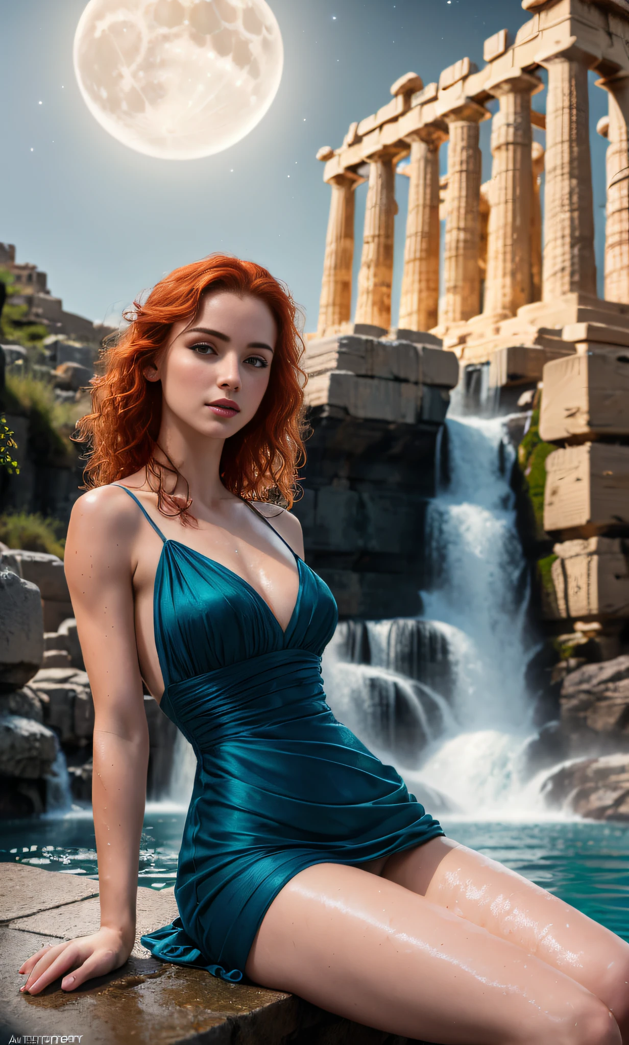 Masterpiece, (((full figure))) entire body in frame, (((magical lighting action shot))) (((beautiful slight smile anorexic pale goddess Irish woman sitting in greek temple water waterfalls night time, moon light))), ((( flowing dress showing off body looking into camera))) , (((short redhead hair))) moody lighting, blue hour, blue colors, very detailed, dramatic lighting, digital art trending on Artstation 8k HD high definition detailed realistic, detailed, skin texture, hyper detailed, realistic skin texture, armature, best quality, ultra high res, (photorealistic:1.4), high resolution, detailed, raw photo, sharp re, by lee jeffries nikon d850 film stock photograph 4 kodak portra 400 camera f1.6 lens rich colors hyper realistic lifelike texture dramatic lighting unrealengine trending on artstation cinestill 800, (((accurate female anatomy, perfect eyes))) (((500px, fstoppers, metart, femjoy,)))