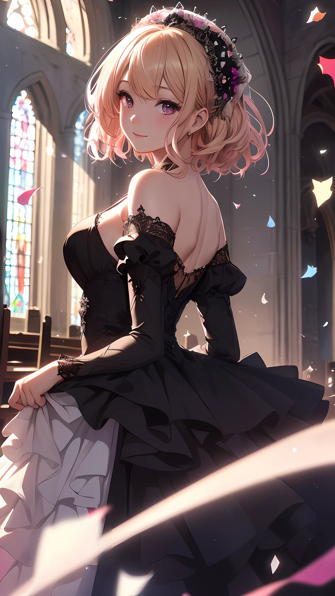 A stunning June bride in her black wedding gown looking back with ((joy)), true to life image, 1 girl, solo, Layered Bob, (Blonde and Pink Hair), Purple Clear Eyes,(Highest picture quality), (master's work), (realistic), ((extremely detailed CG unity 8k)), (((masterpiece))), (((ultra-detailed))), (best quality:1.4), (cinematic lighting), (illustration), (beautiful detailed eyes), (hyper intricate fine detail), (Highest picture quality), (master's work), (top quality), (beautiful and aesthetic), nsfw:0.5, (front of church), floating dress, (floating hair), (outdoors), ((batafly confetti)), (beautiful sunlight),