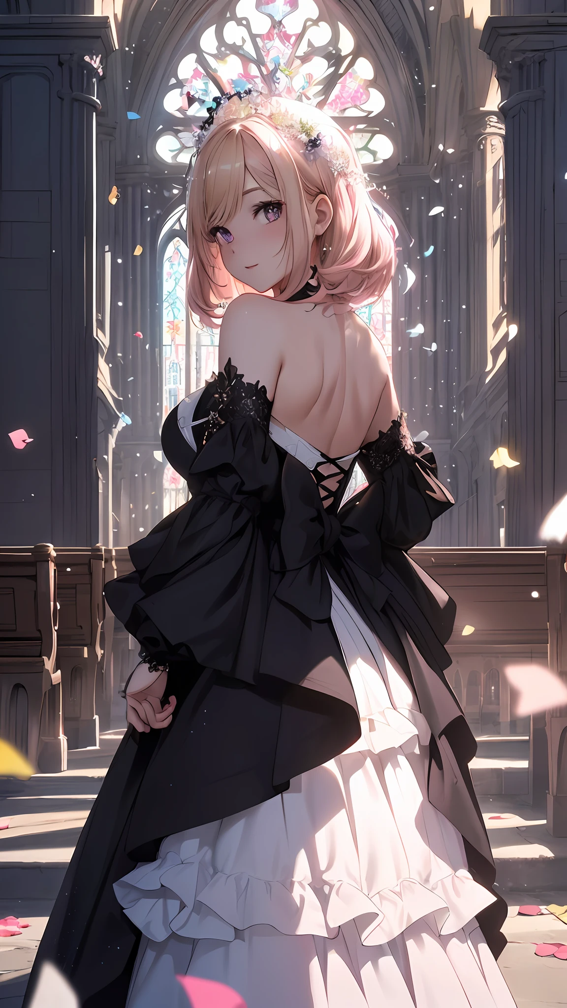 A stunning June bride in her black wedding gown looking back with ((joy)), true to life image, 1 girl, solo, Layered Bob, (Blonde and Pink Hair), Purple Clear Eyes,(Highest picture quality), (master's work), (realistic), ((extremely detailed CG unity 8k)), (((masterpiece))), (((ultra-detailed))), (best quality:1.4), (cinematic lighting), (illustration), (beautiful detailed eyes), (hyper intricate fine detail), (Highest picture quality), (master's work), (top quality), (beautiful and aesthetic), nsfw:0.5, (front of church), floating dress, (floating hair), (outdoors), ((batafly confetti)), (beautiful sunlight),