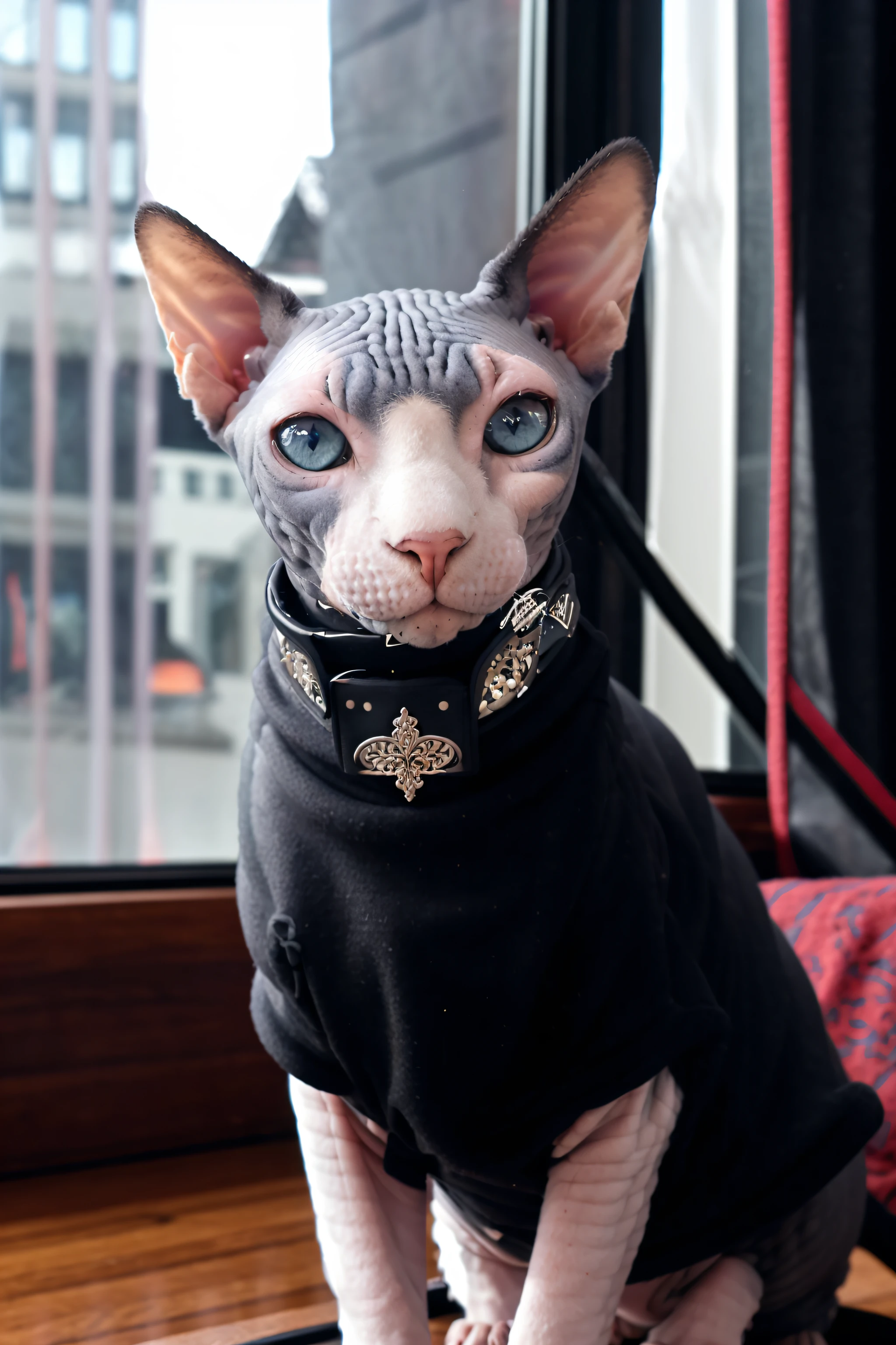 sphynx cat wearing a black sweater with a collar, blue eyes, black and white skin, indoors with a window in the background,(intricate details), hdr, (intricate details, hyperdetailed:1.2)