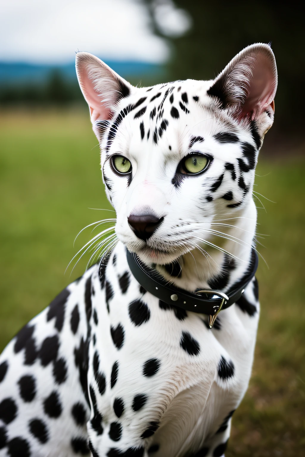 RAW photo, 1 cat, cat dalmatian, white hair with black dots, far away, very long shot, (high detailed skin:1.2), 8k uhd, dslr, soft lighting, high quality, film grain, Fujifilm XT3