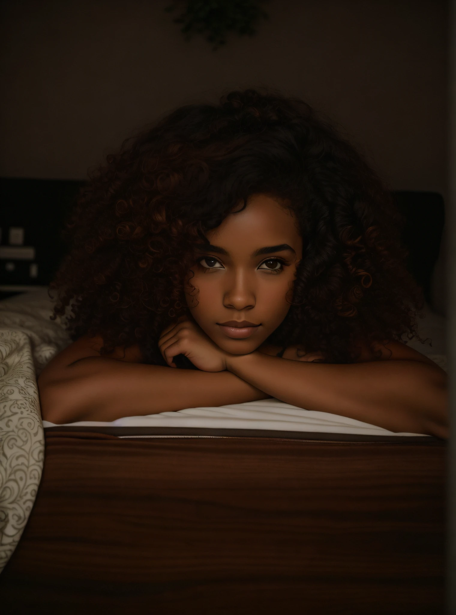there is a woman laying on a bed with her arms crossed, posing in bed, on my bed, laying back on the bed, while posing in the same bed, wavy hair spread out, laying in bed, with afro, with haunted eyes and curly hair, laying on a bed, curly afro, laying on her back on a bed, lying at the bed