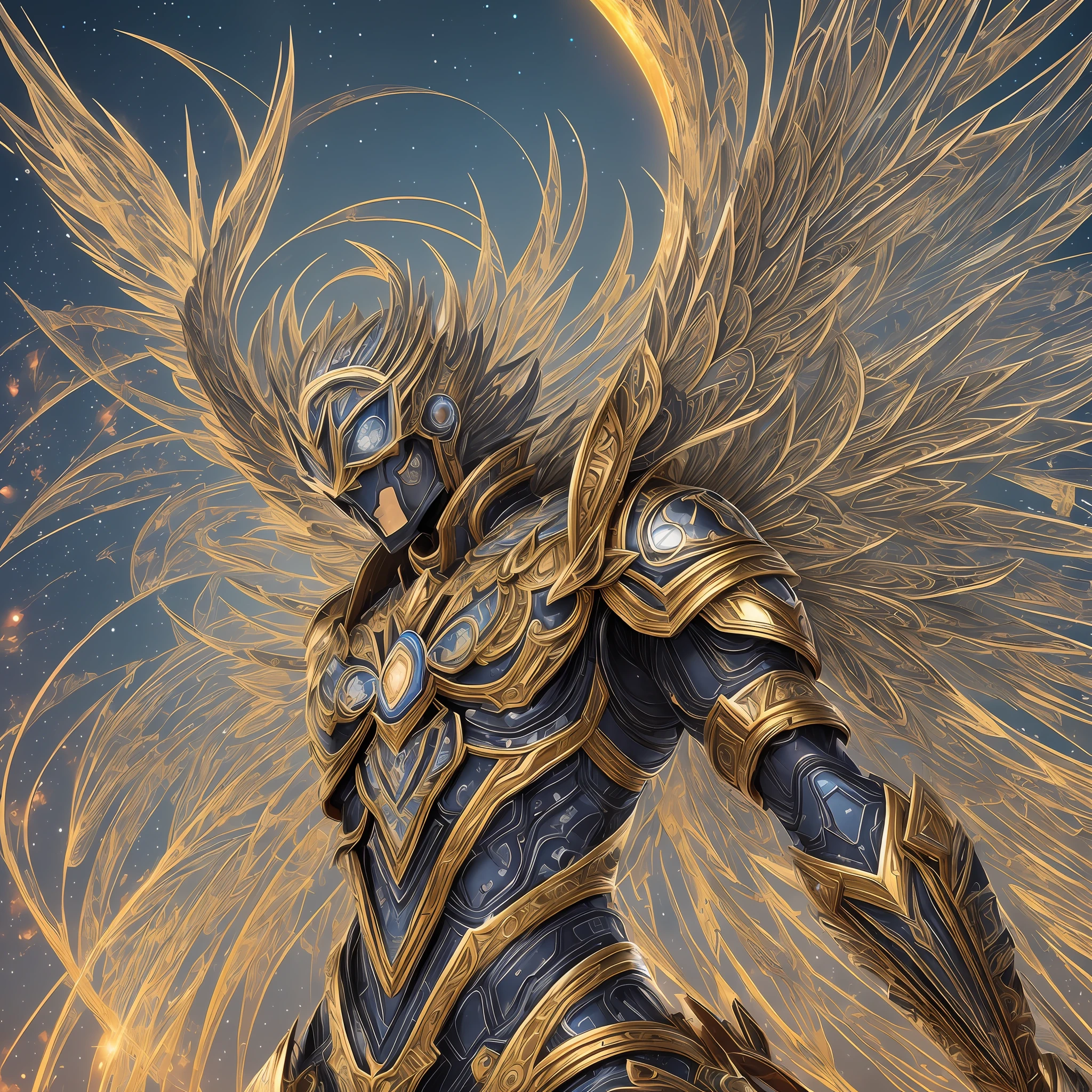 The Eternal Sentinel is a muscular being, in its final form, it reveals itself as a masterpiece of divine design. His armor shines with a heavenly glow, displaying a perfect combination of elegance and grandeur. Every meticulously crafted detail reflects the essence of protection and strength.
Its imposing structure is composed of a harmonious combination of gleaming metals, adorned with celestial ornaments that seem to be made of molten stars. The armor glows brightly, emanating an aura of unparalleled power.
The articulated plates of the Eternal Sentinel move with grace and fluidity, allowing total freedom of movement for the user. On his shoulders, ancestral symbols are engraved, representing the supreme lineage of the armor and its unbreakable bond with the bearer.
Majestic wings extend from the back of the Eternal Sentinel, symbolizing freedom and transcendental protection. Their feathers seem made of pure light, and their graceful movement fills the environment with a gentle flow of cosmic energies.
In the chest region, a pulsating core glows brightly, radiating a divine power that envelops the entire body of the armor. Through this core, the Eternal Watchtower channels its vital energy, strengthening its bearer and extending its powers beyond known limits.
The Eternal Watchtower, in its final form, is a sublime representation of the divine potential and the greater purpose of protection. A perfect combination of beauty, power and purpose, it becomes a symbol of hope and inspiration for all who have the honor of witnessing it in its fullness. in 2D anime style --auto --s2