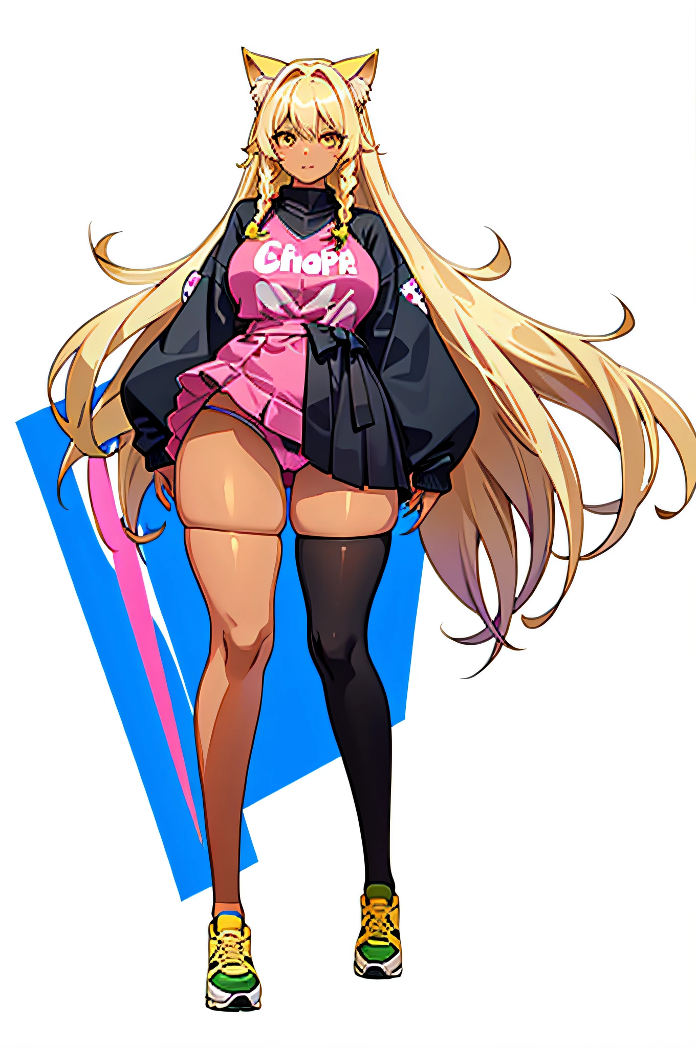 1 girl, young woman, cat girl, yellow cat ear and tail, blonde, dark skin, fat woman, obese woman, huge chest, huge thigh, huge ass, huge belly, hair braids, long hair, fat body, red eyes, BBW, small statures (5 feet tall), pink sweatshirt, blue shorts, white long sock, pink shoes, full body.