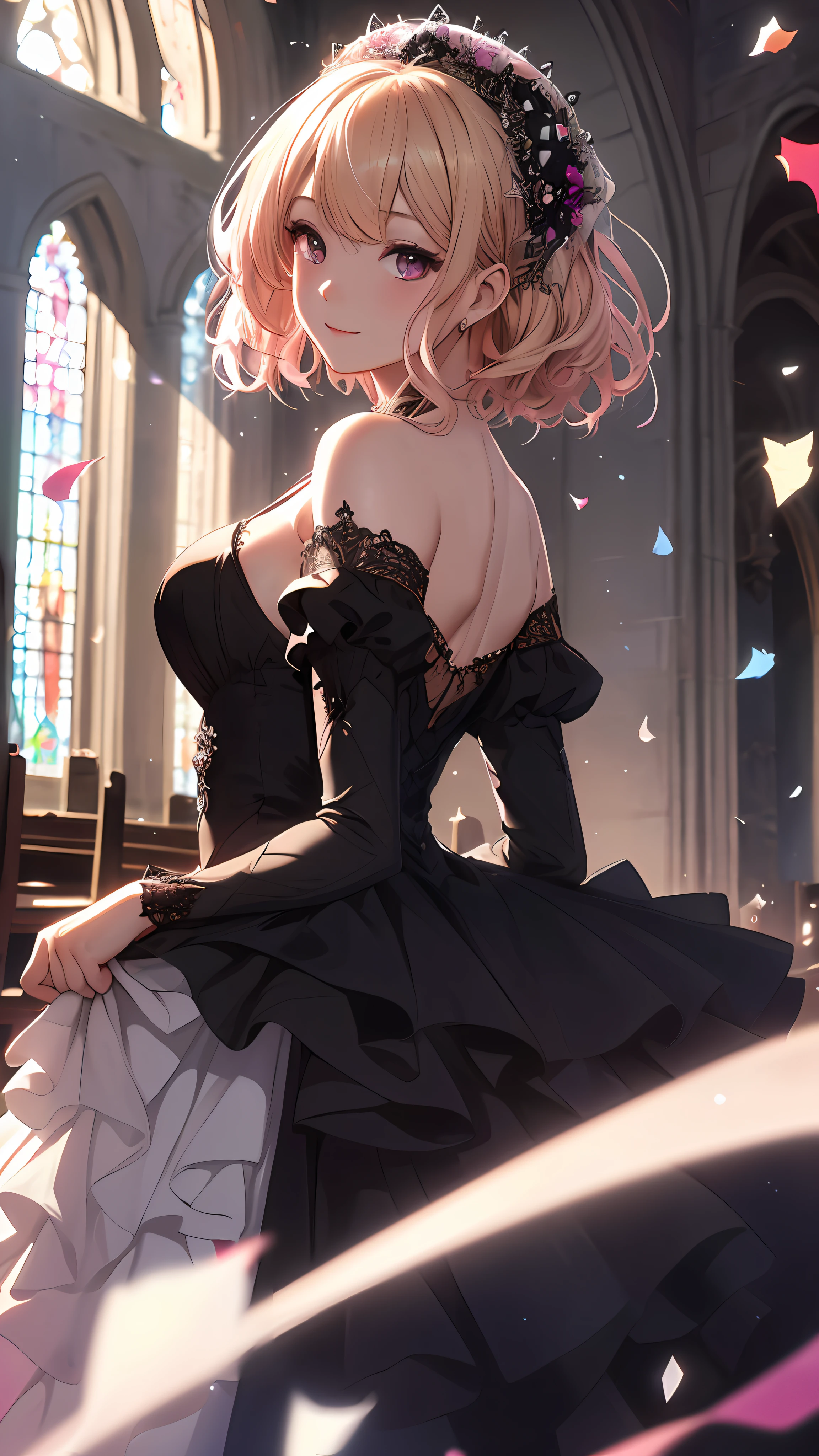 A stunning June bride in her black wedding gown looking back with ((joy)), true to life image, 1 girl, solo, Layered Bob, (Blonde and Pink Hair), Purple Clear Eyes,(Highest picture quality), (master's work), (realistic), ((extremely detailed CG unity 8k)), (((masterpiece))), (((ultra-detailed))), (best quality:1.4), (cinematic lighting), (illustration), (beautiful detailed eyes), (hyper intricate fine detail), (Highest picture quality), (master's work), (top quality), (beautiful and aesthetic), nsfw:0.5, (front of church), floating dress, (floating hair), (outdoors), ((batafly confetti)), (beautiful sunlight),