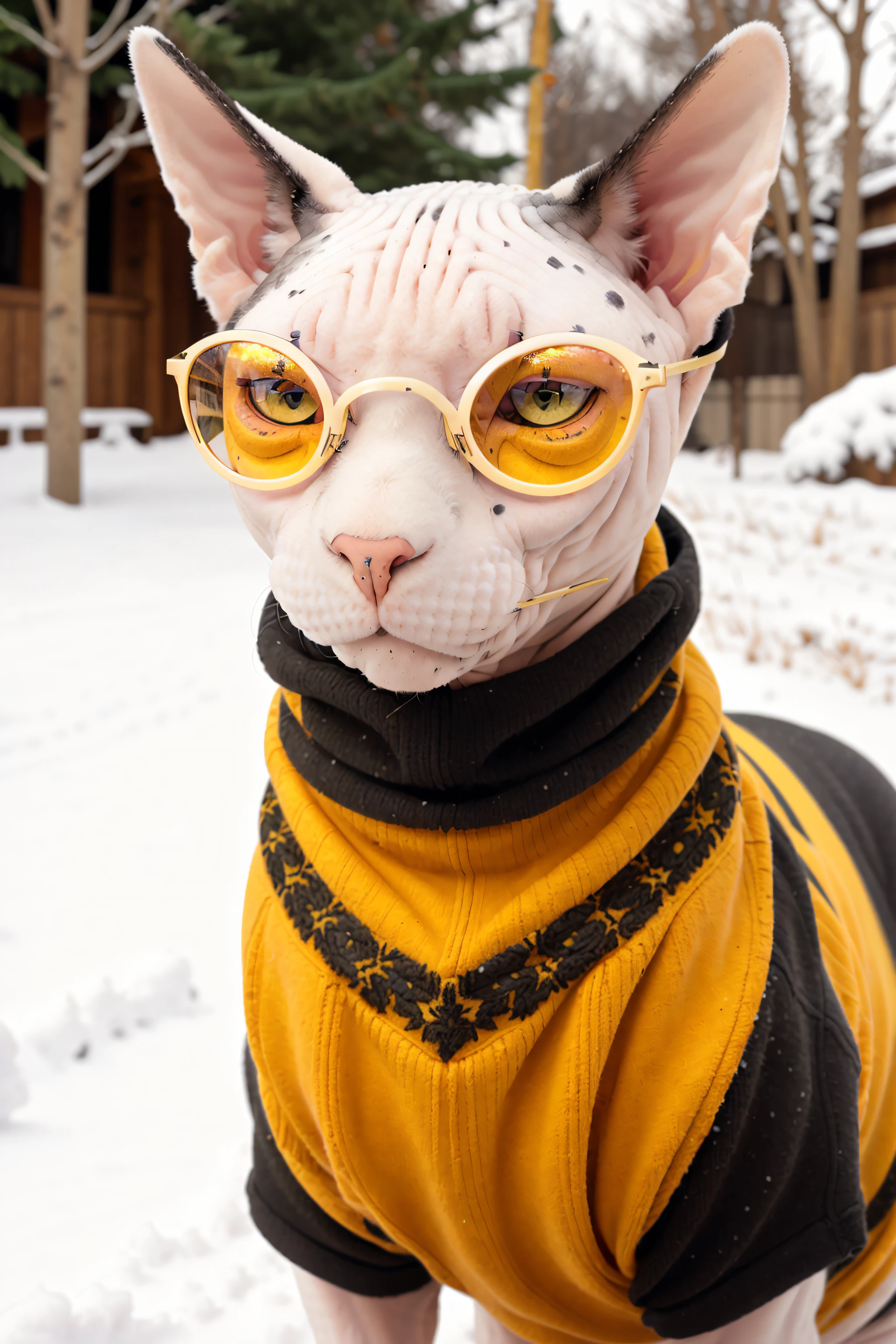 sphynx cat outside in the snow wearing a sweater and sunglasses, yellow eyes, white and spotted black skin, (intricate details), hdr, (intricate details, hyperdetailed:1.2)