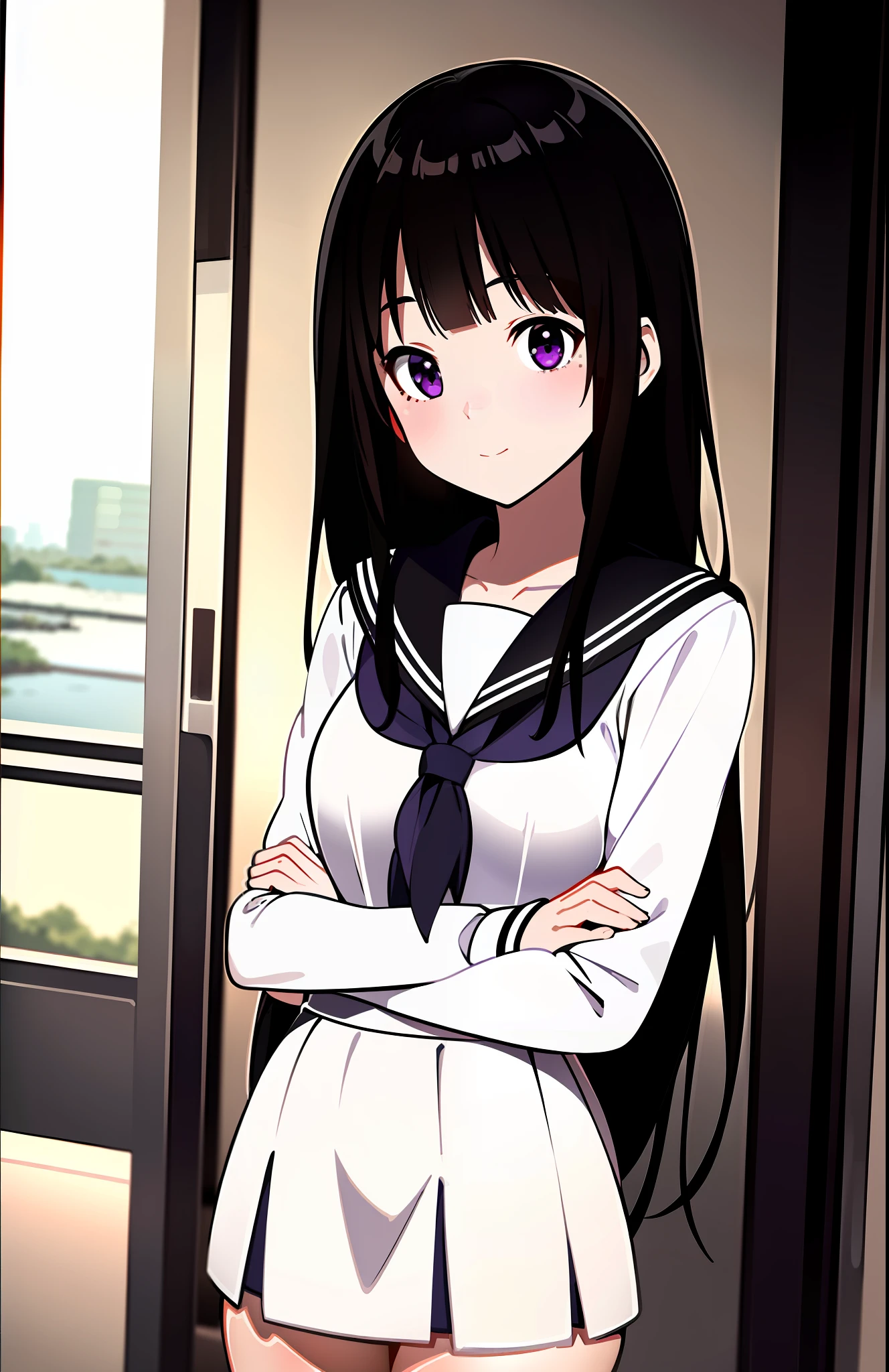 ((masterpiece,best quality,ultra detailed)),((white serafuku,sailor suit,black high-waist skirt)),purple eyes,black hair,library,pleated skirt,(perfect face,beatiful face,detail face)