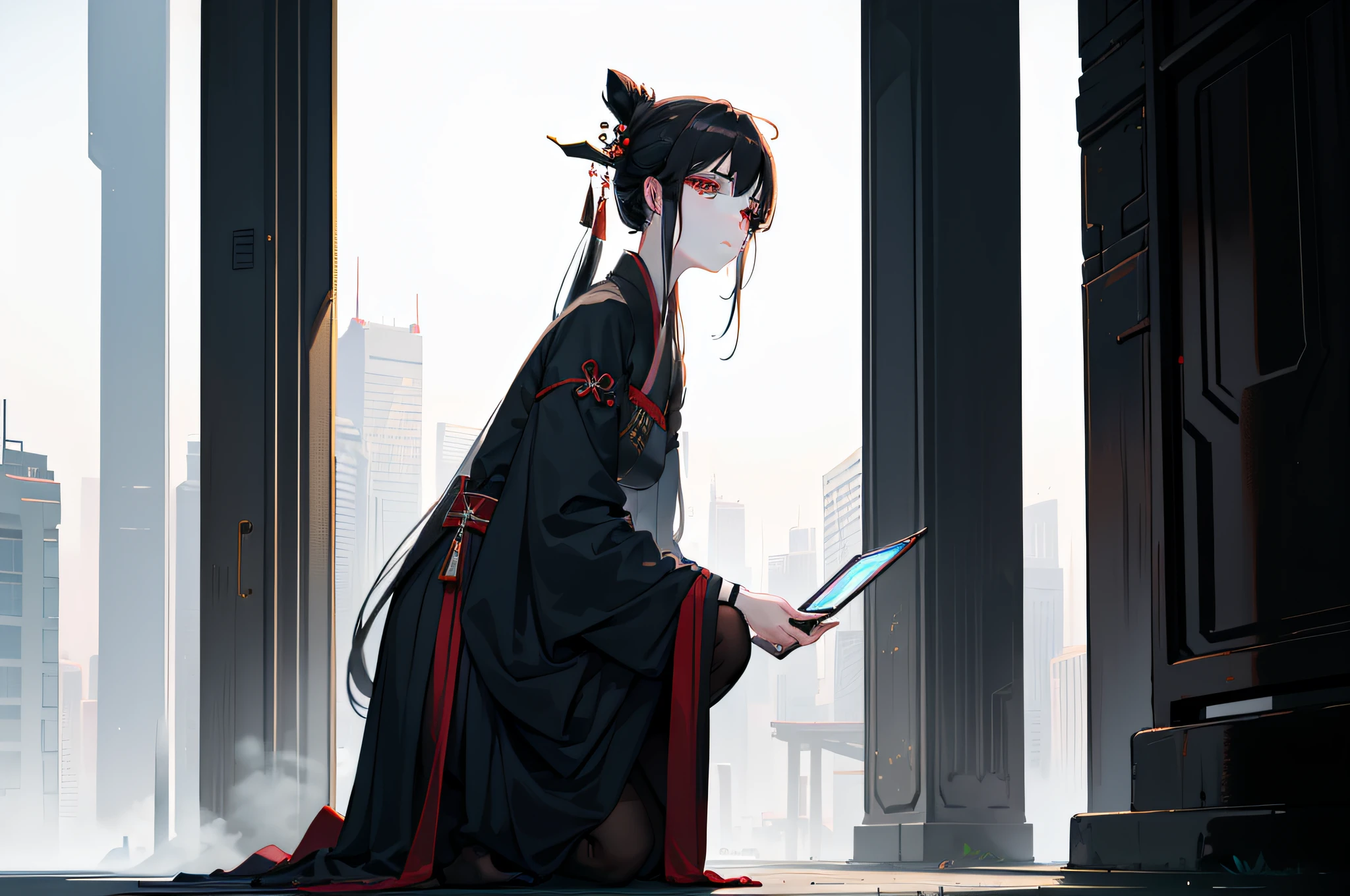 (masterpiece, best quailty), ru_qun, 1girl, solo, immortal, hanfu, expressionless, (cyber city),