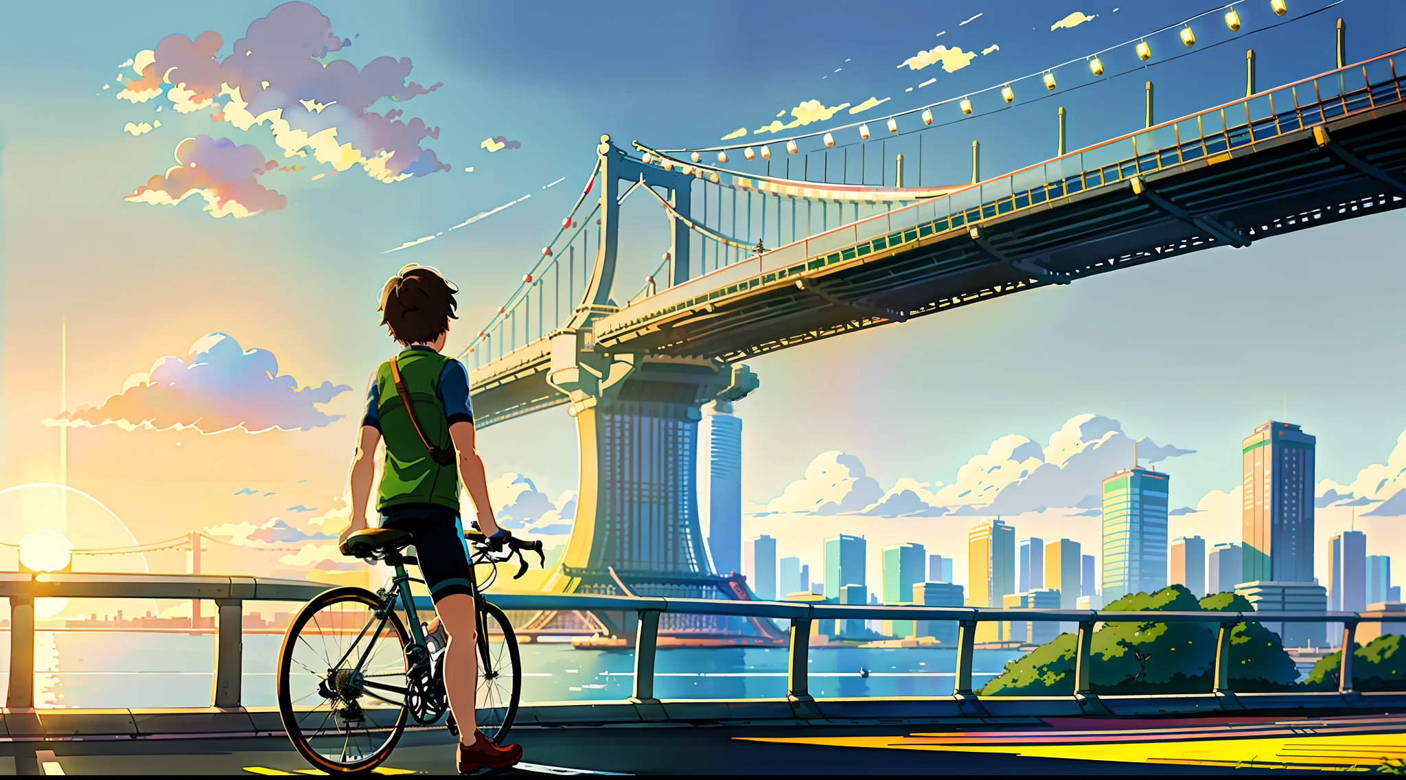 (bike: 1.5), (realistic bike: 1.5), (realistic cyclist: 1.5), tokyo, rainbow bridge, urban architecture, japan, sunset, landscape background, shadows, contrast, makoto shinkai (best quality: 1.3), (Highres:1) Art by Studio Ghibli Style, Impressionism, Solitude