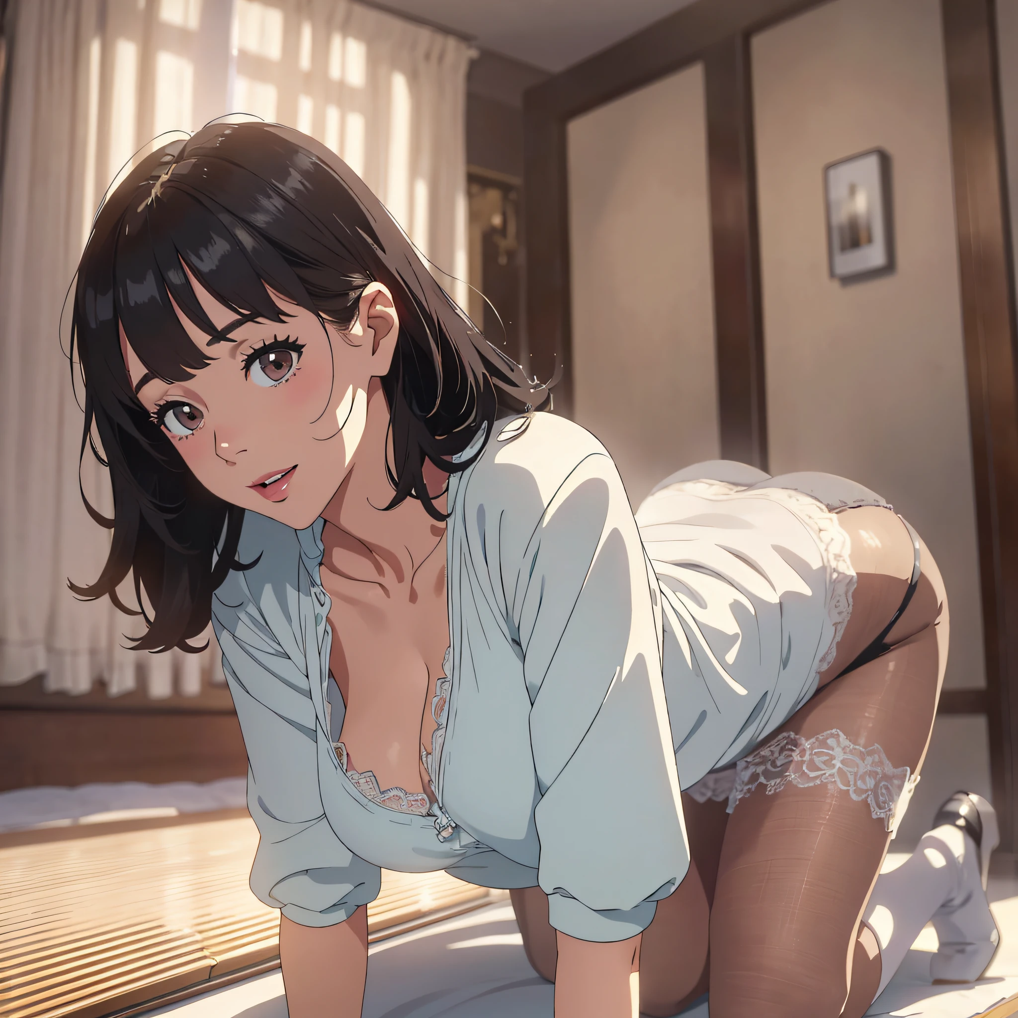Masterpiece, top quality, beautiful woman, innocent, very delicate and beautiful, ultra high resolution, (photorealistic: 1.4), golden hour lighting, (upper body), (platinum shorthair: 0.8), (puffy eyes), looking at the viewer, facing the front, smile, nightgown, white panties, shirt lift long black hair, Korean, erotic, inviting gaze, Clothes are fluttering, bra is visible, underwear is visible, double eyelids, 8 heads, beautiful legs, black pantyhose, white T-back, crawling on all fours --auto --s2