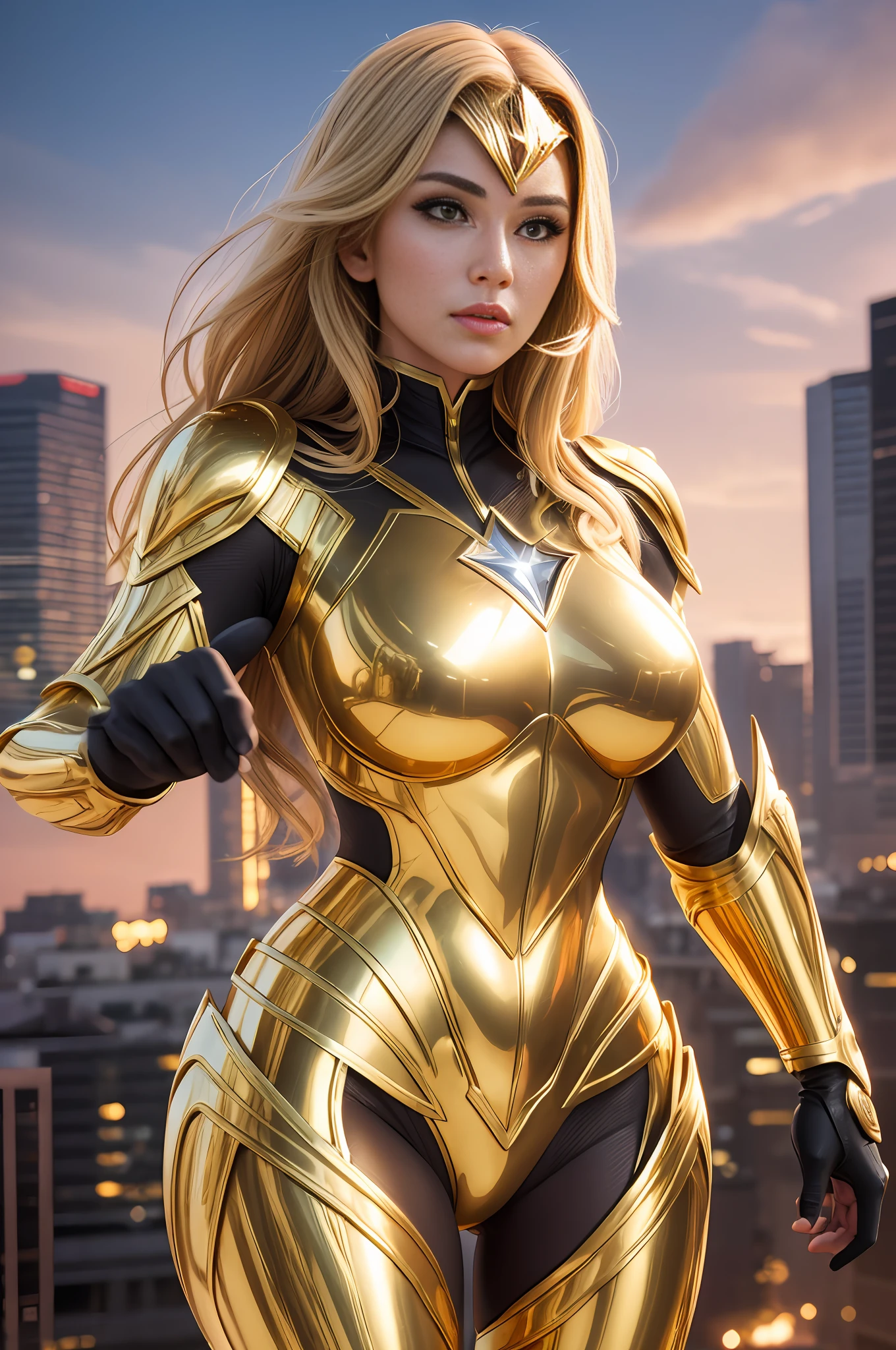 A very beautiful woman with a realistic whole body. Super Hero Gold Woman Action Gold 3DLogo Amazing Movie Highly Detailed Detailed Face Detailed Suit Cgi 8k Resolution --auto --s2