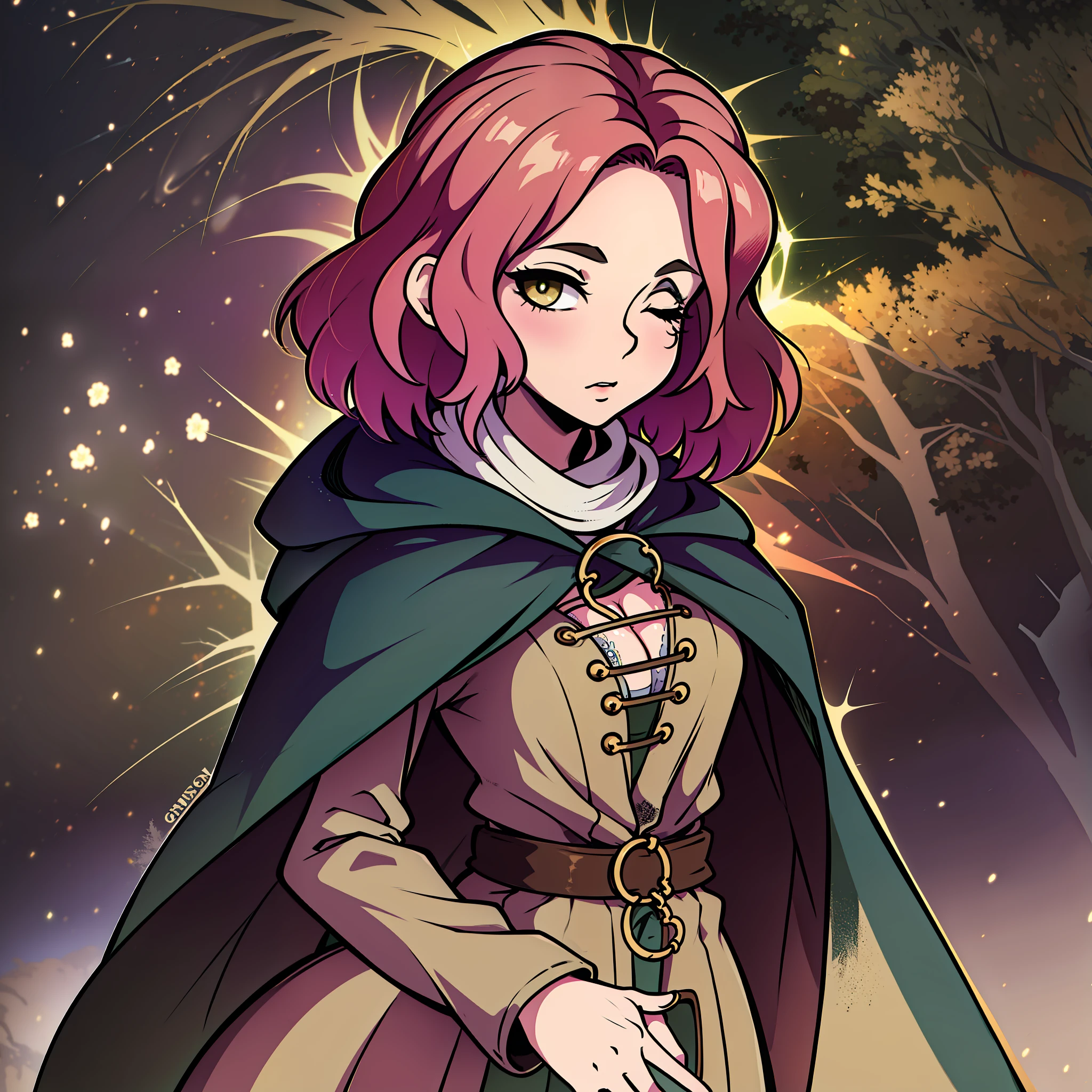 melina \(elden ring\), detailed background, ((night)), dark, erdtree in the distance, 1girl, black background, brown eyes, brown hair, cloak, green cloak, long sleeves, looking at viewer, one eye closed, short hair, solo, standing, tree, solo, yellow eyes, (pink hair:0.7), facial tattoo, expressionless, :|, tottoo on eye, eye scar , ((masterpiece)), portrait, golden, gold, divine