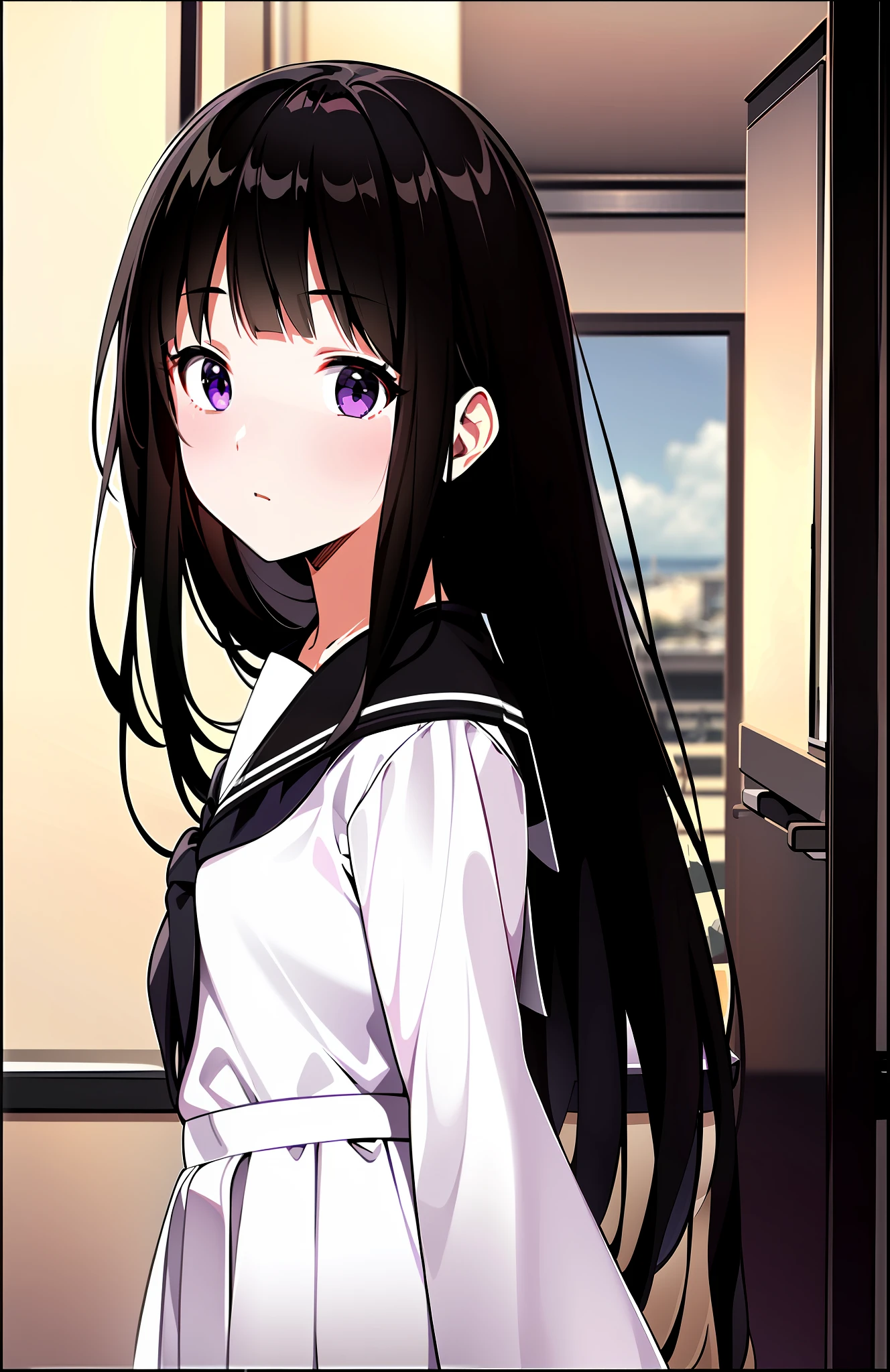 ((masterpiece,best quality,ultra detailed)),((white serafuku,sailor suit,black high-waist skirt)),purple eyes,black hair,library,pleated skirt,(perfect face,beatiful face,detail face)