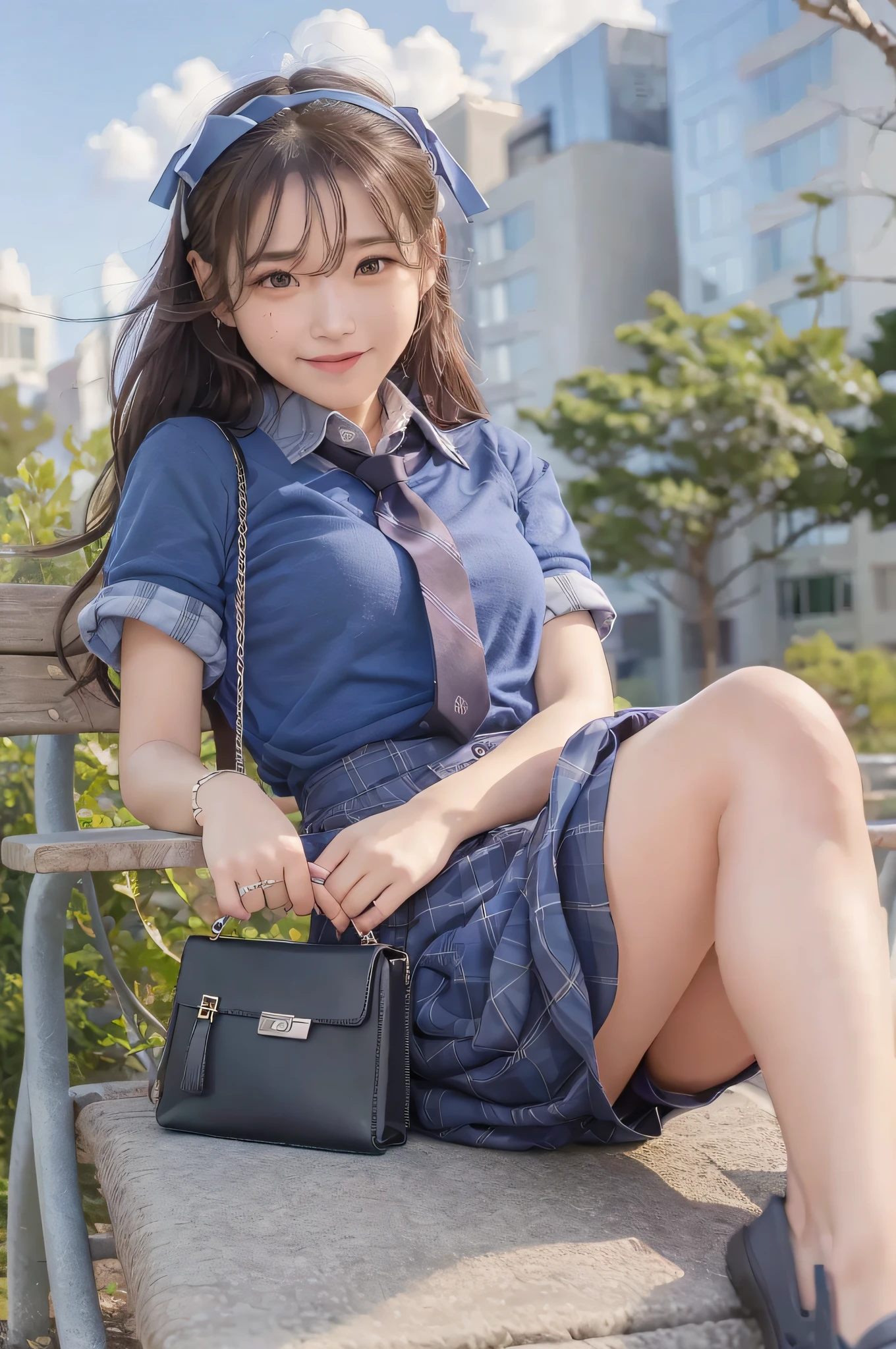 Very Smile,(Best Quality),(Masterpiece),(Super Detail),(Hi-Res),(8K Portrait),Production Art,Full Body,Park Bench,Sitting,Hands Tucked Between Crotch,Open Legs,Alone,Solo,Cute,Cityscape,Day,Blue Sky,(Wind:1.4),Delicate Face,Small Head,Brown Eyes,Short Sleeve Uniform,Silver-Blue Striped Tie,Blue Tartan Skirt, black tote bag, smile, happiness,